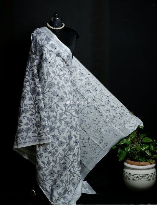 Kantha Hand-Embroidered Dupatta | Blended Bangalore Silk | Full Work | White