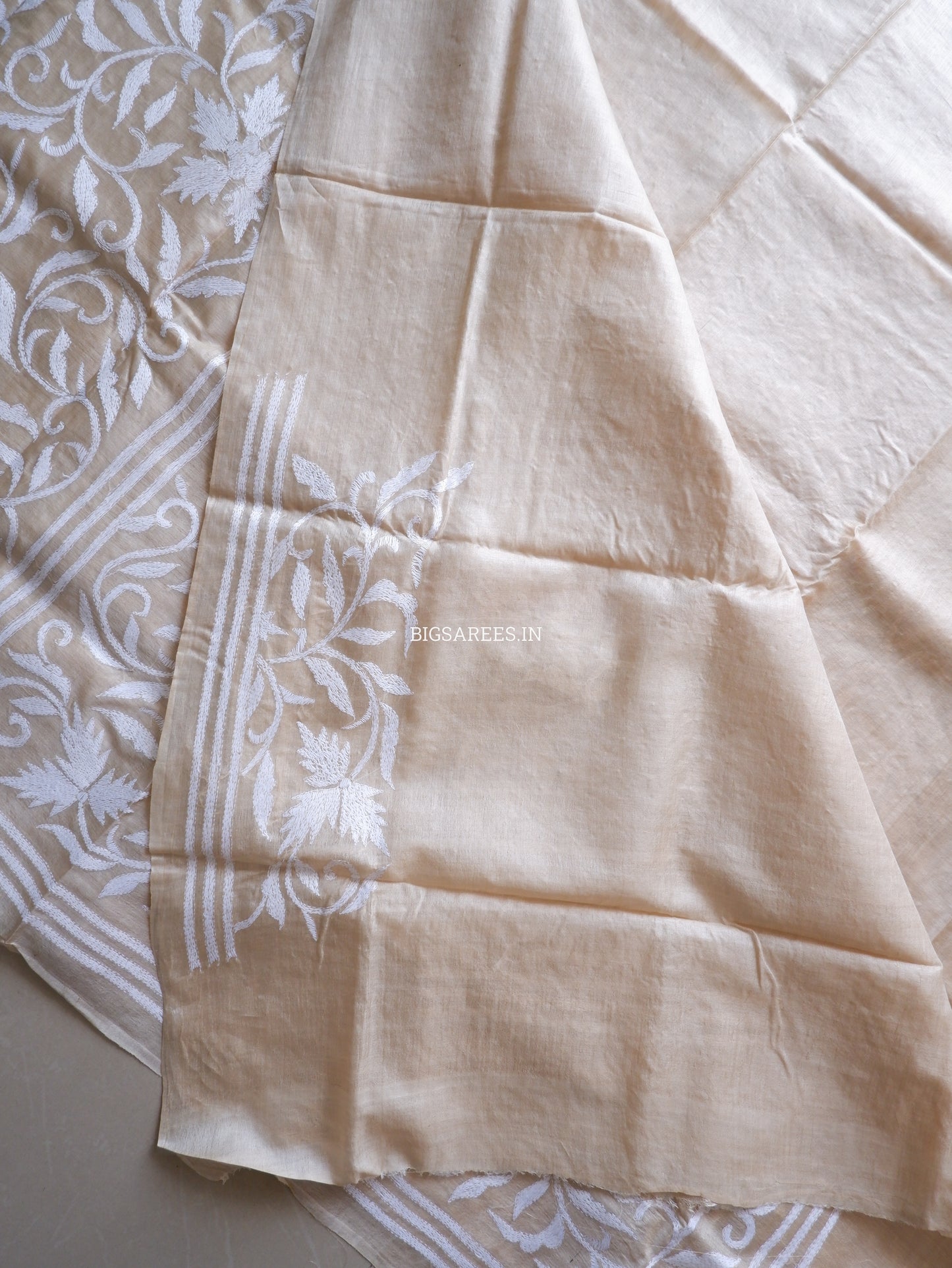 Kantha Stitch Hand Embroidered Saree | Pure Tussar Silk | Silk Mark Certified | Beige