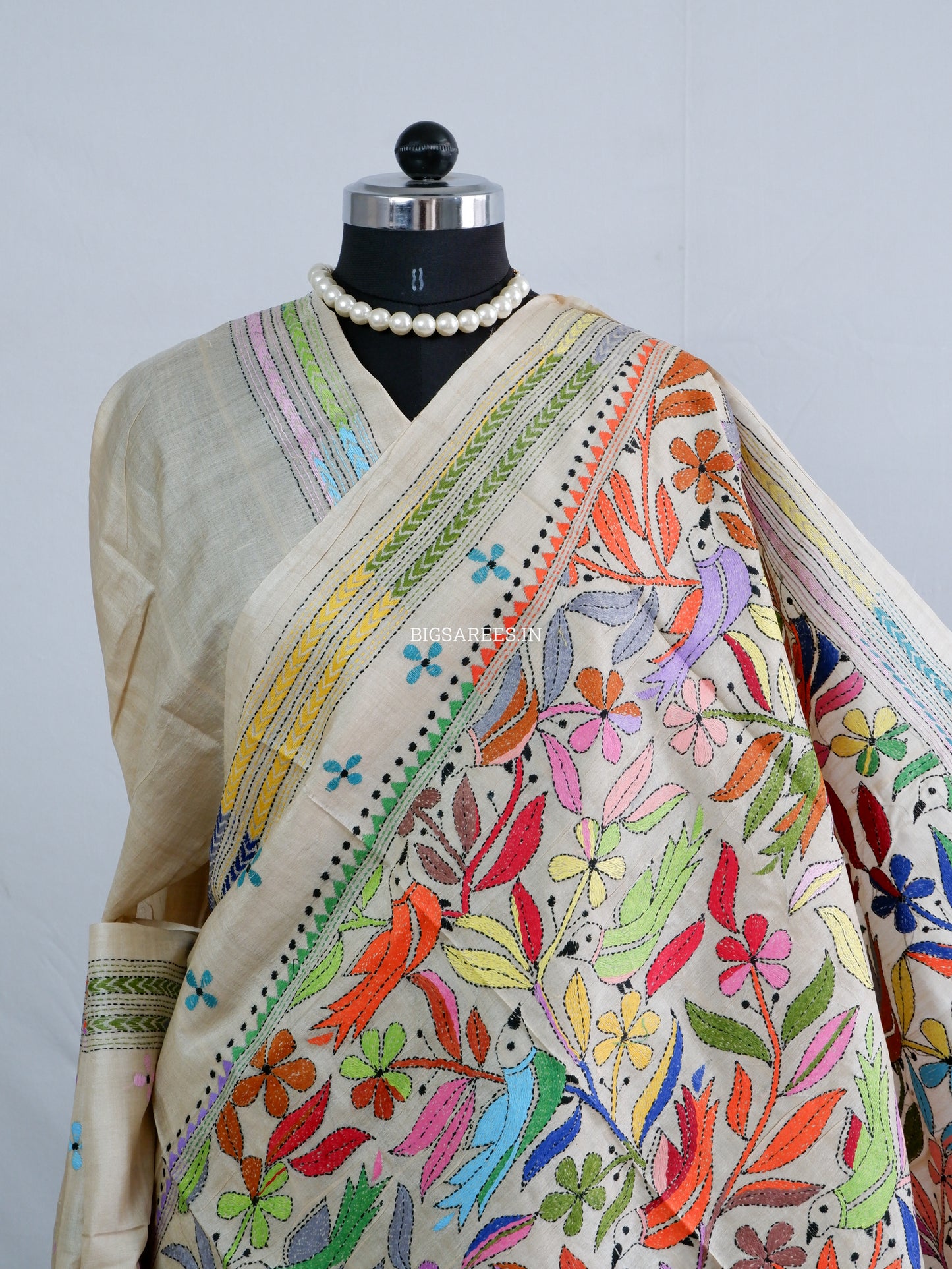 Kantha Stitch Hand Embroidered Saree | Pure Tussar Silk | Silk Mark Certified | Beige