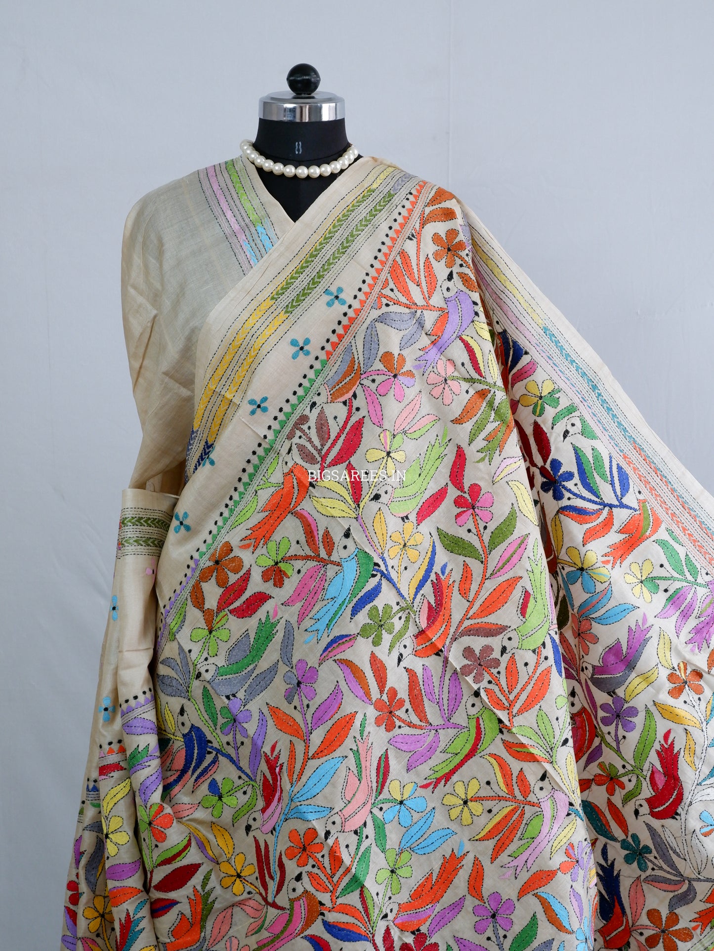 Kantha Stitch Hand Embroidered Saree | Pure Tussar Silk | Silk Mark Certified | Beige