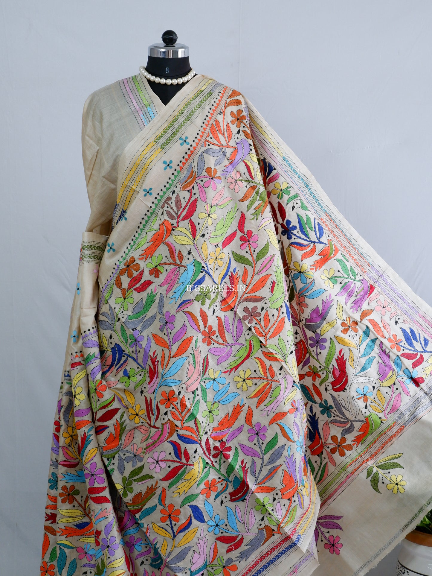 Kantha Stitch Hand Embroidered Saree | Pure Tussar Silk | Silk Mark Certified | Beige