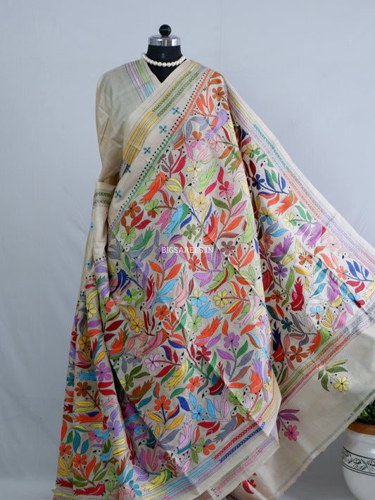 Kantha Stitch Hand Embroidered Saree | Pure Tussar Silk | Silk Mark Certified | Beige