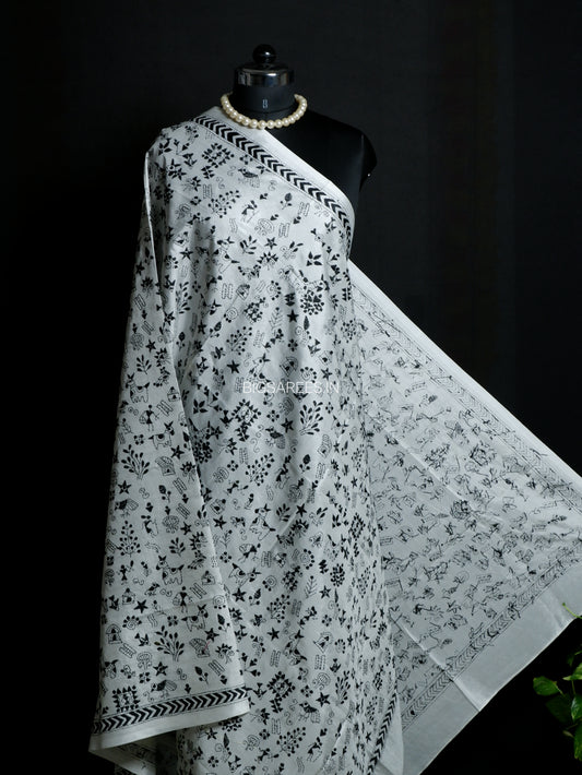 Kantha Hand-Embroidered Dupatta | Blended Bangalore Silk | Full Work | White