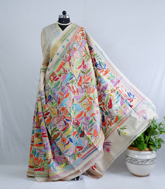 Kantha Stitch Hand Embroidered Saree | Pure Tussar Silk | Silk Mark Certified | Beige