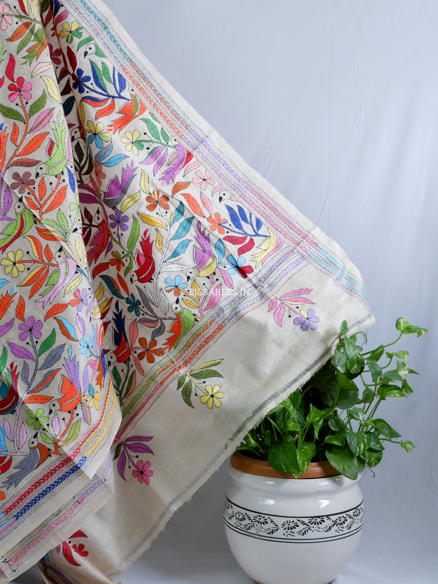 Kantha Stitch Hand Embroidered Saree | Pure Tussar Silk | Silk Mark Certified | Beige