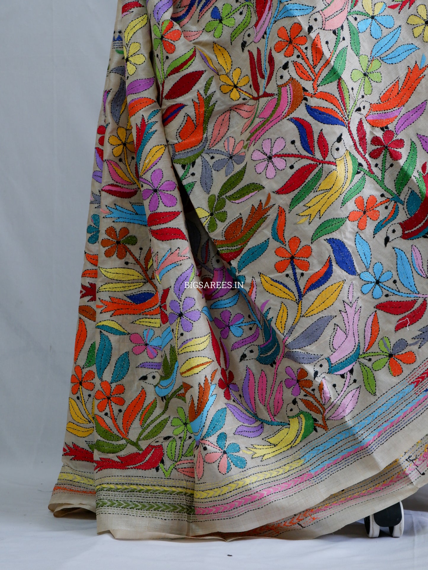 Kantha Stitch Hand Embroidered Saree | Pure Tussar Silk | Silk Mark Certified | Beige