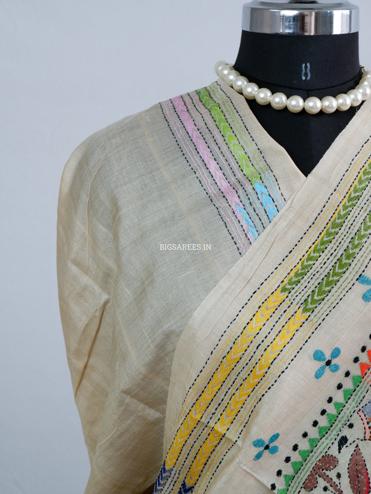 Kantha Stitch Hand Embroidered Saree | Pure Tussar Silk | Silk Mark Certified | Beige