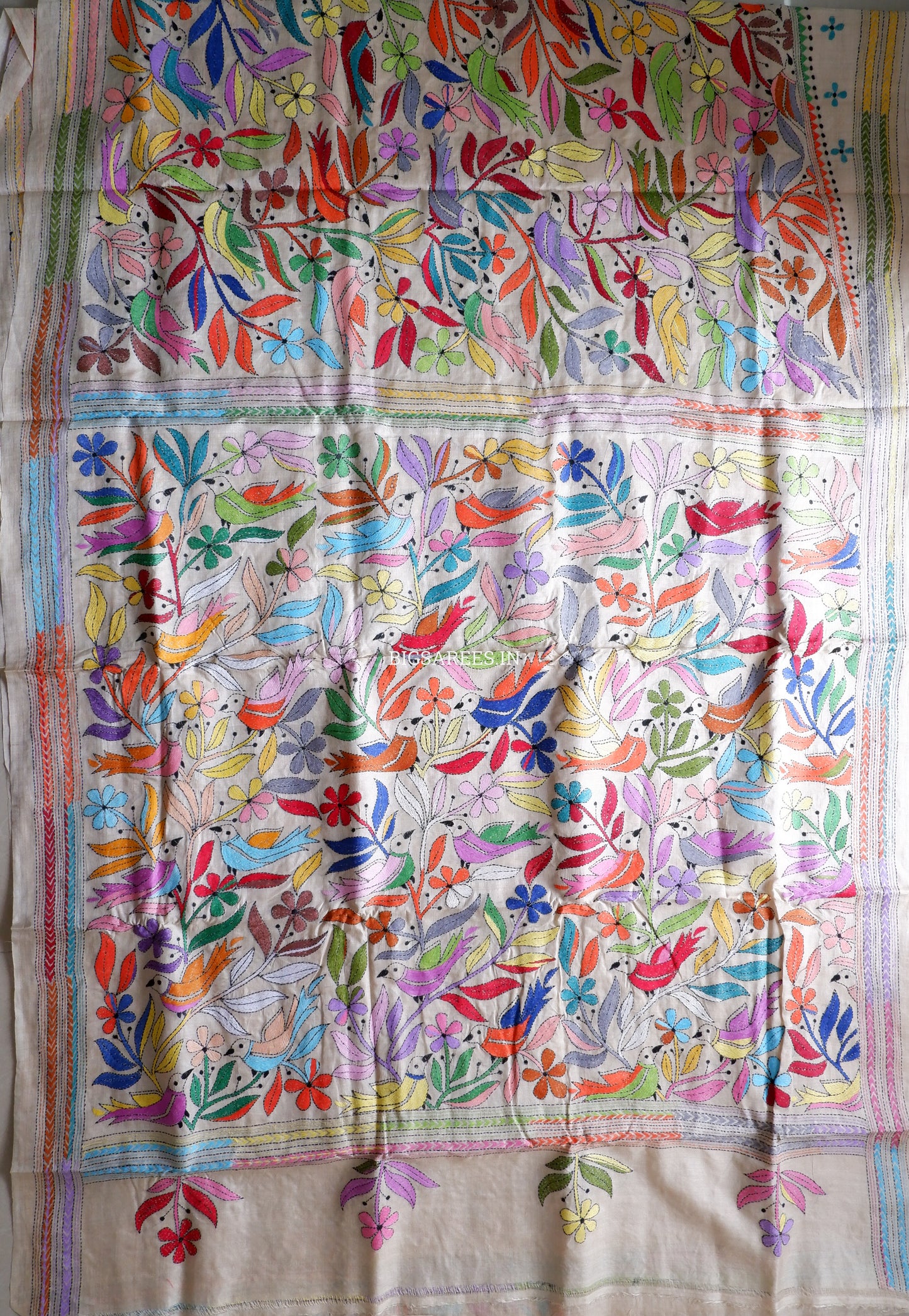 Kantha Stitch Hand Embroidered Saree | Pure Tussar Silk | Silk Mark Certified | Beige