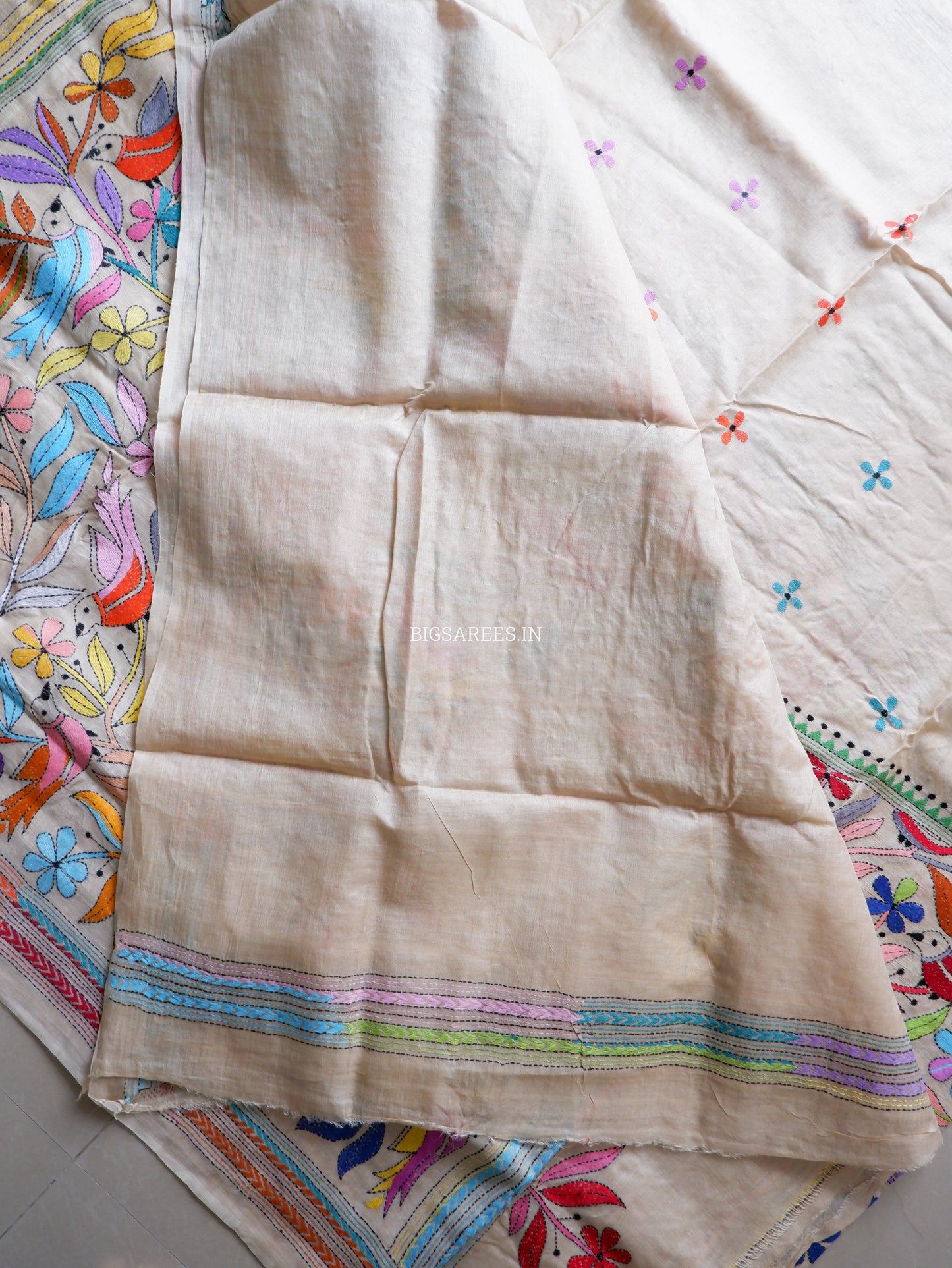 Kantha Stitch Hand Embroidered Saree | Pure Tussar Silk | Silk Mark Certified | Beige