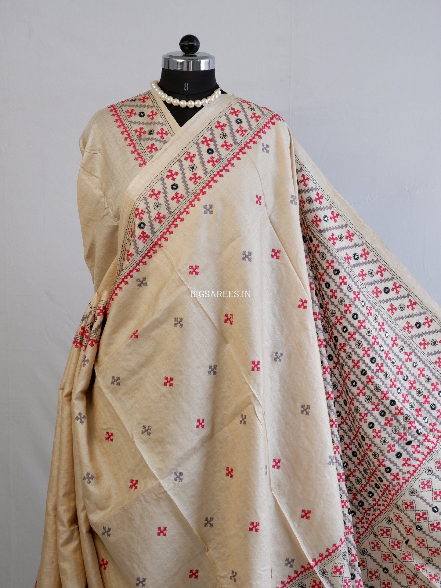 Kutchi Hand Embroidered Saree | Pure Gachi by Gachi Tassar Silk | Silk Marked | Beige