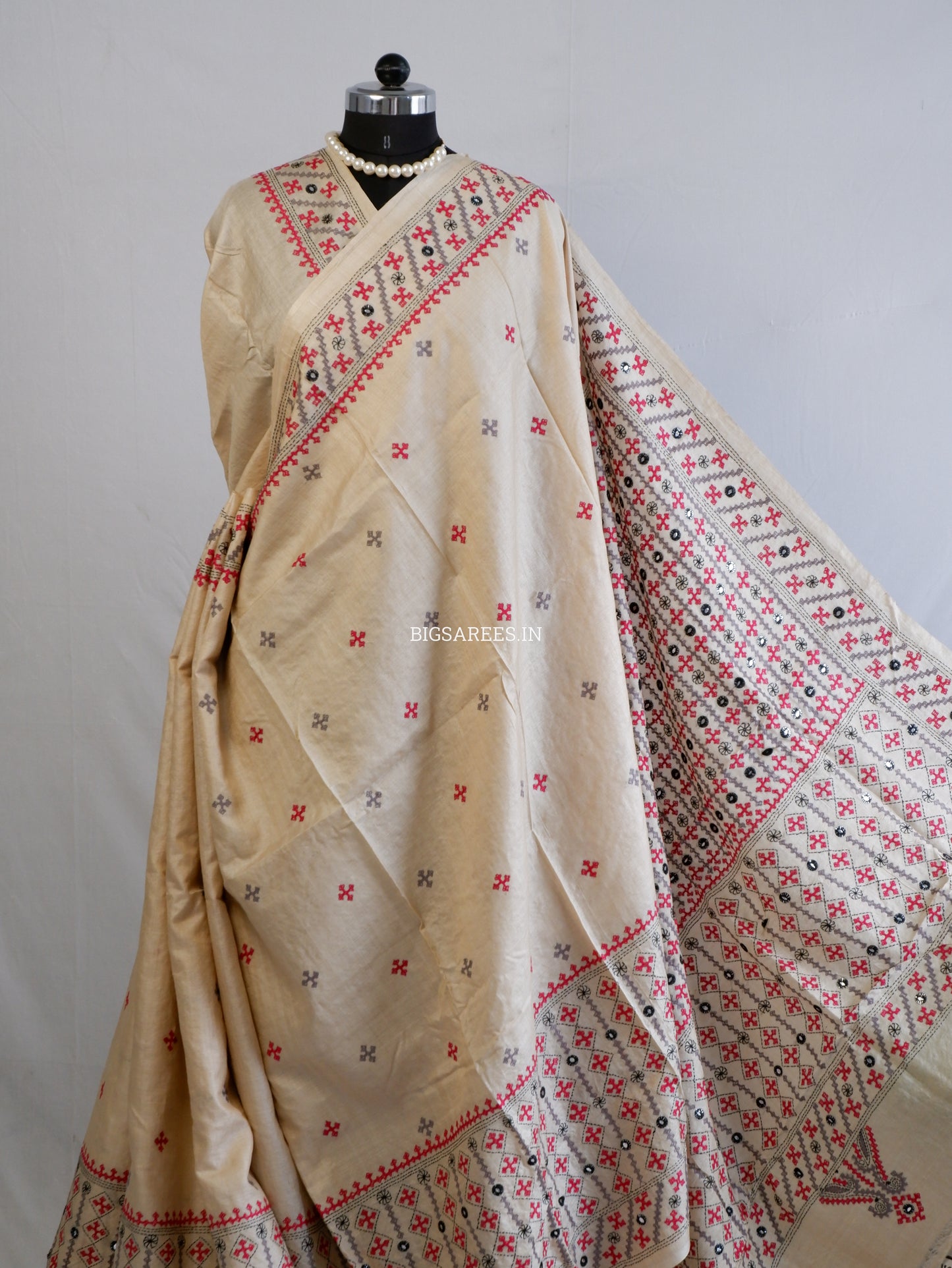 Kutchi Hand Embroidered Saree | Pure Gachi by Gachi Tassar Silk | Silk Marked | Beige