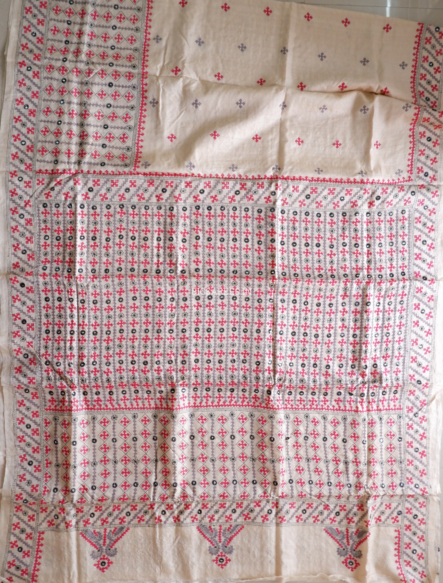 Kutchi Hand Embroidered Saree | Pure Gachi by Gachi Tassar Silk | Silk Marked | Beige