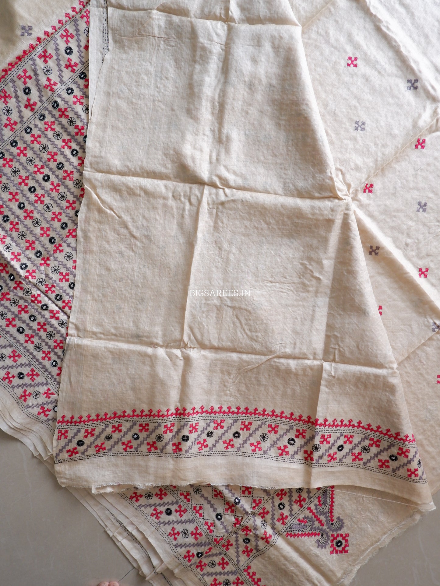Kutchi Hand Embroidered Saree | Pure Gachi by Gachi Tassar Silk | Silk Marked | Beige