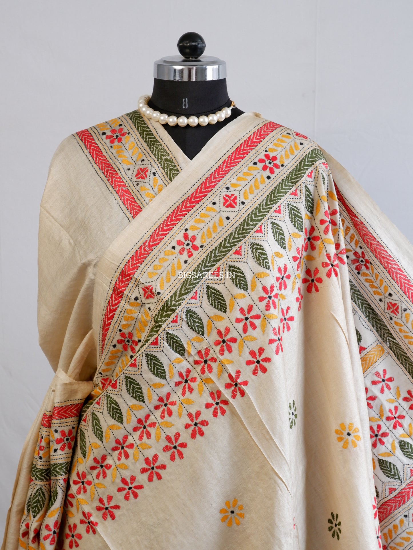 Kantha Stitch Hand Embroidered Saree | Pure Gachi Tussar Silk | Silk Mark Certified | Beige