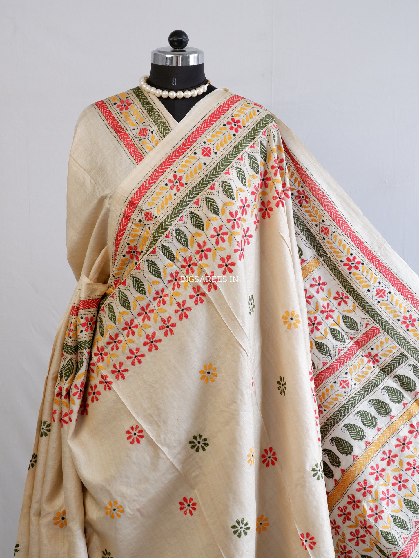 Kantha Stitch Hand Embroidered Saree | Pure Gachi Tussar Silk | Silk Mark Certified | Beige