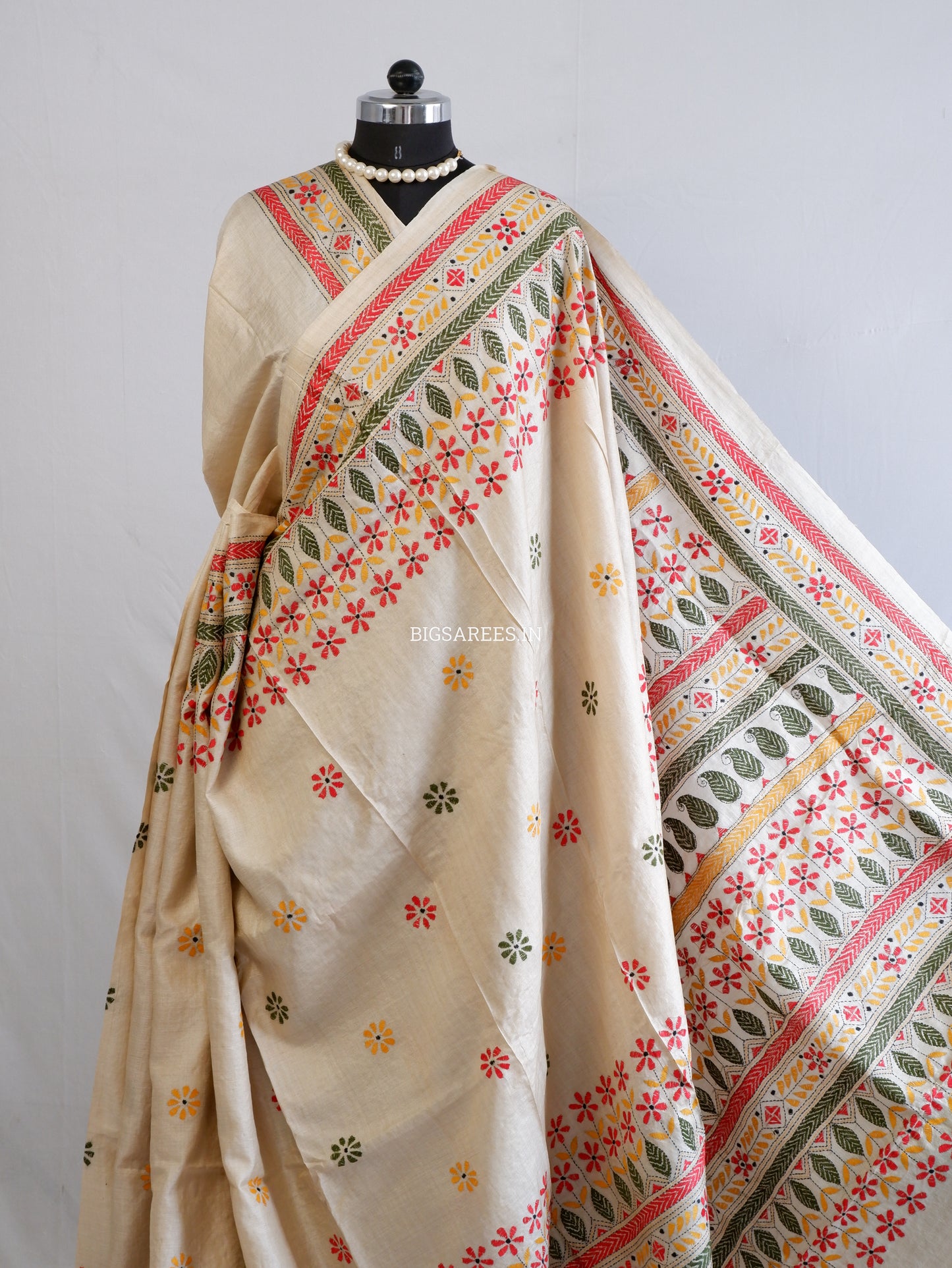 Kantha Stitch Hand Embroidered Saree | Pure Gachi Tussar Silk | Silk Mark Certified | Beige