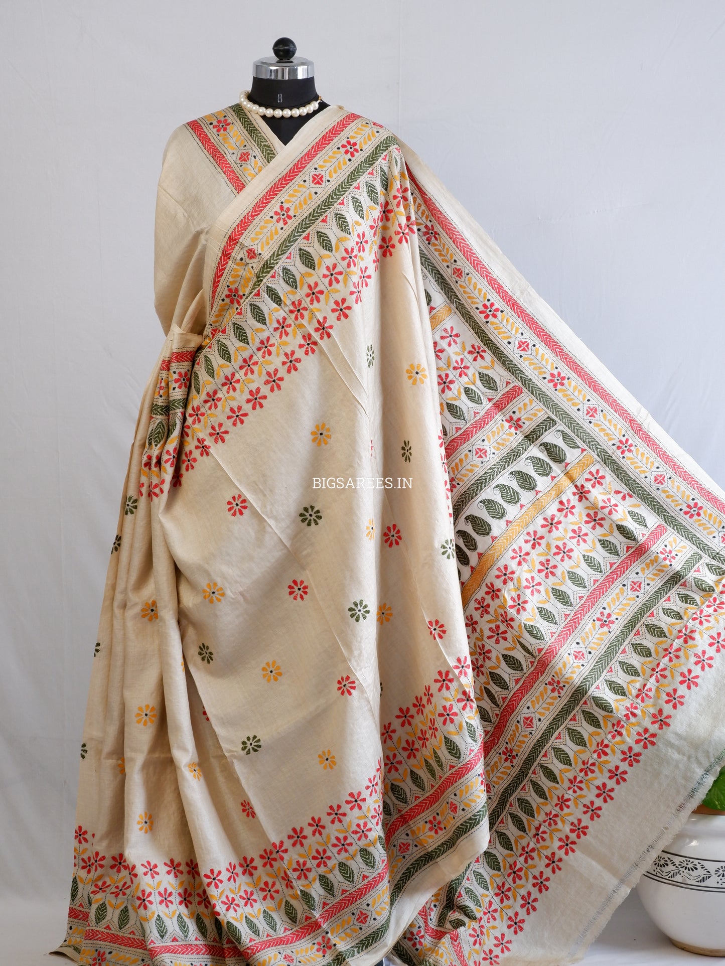 Kantha Stitch Hand Embroidered Saree | Pure Gachi Tussar Silk | Silk Mark Certified | Beige