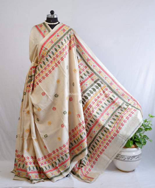 Kantha Stitch Hand Embroidered Saree | Pure Gachi Tussar Silk | Silk Mark Certified | Beige