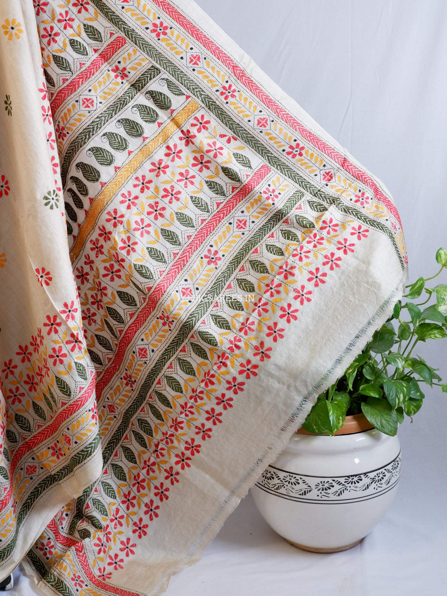 Kantha Stitch Hand Embroidered Saree | Pure Gachi Tussar Silk | Silk Mark Certified | Beige