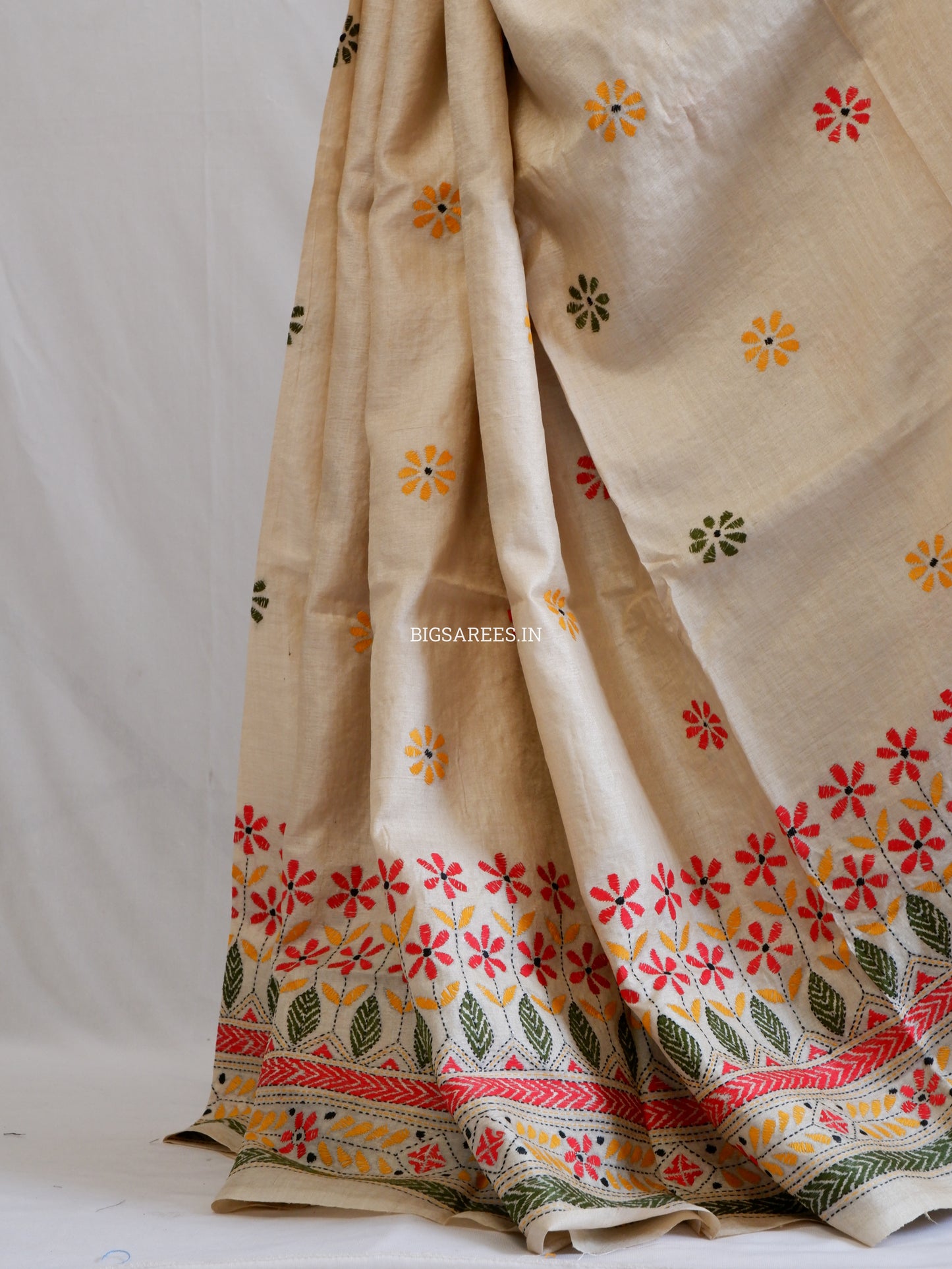 Kantha Stitch Hand Embroidered Saree | Pure Gachi Tussar Silk | Silk Mark Certified | Beige