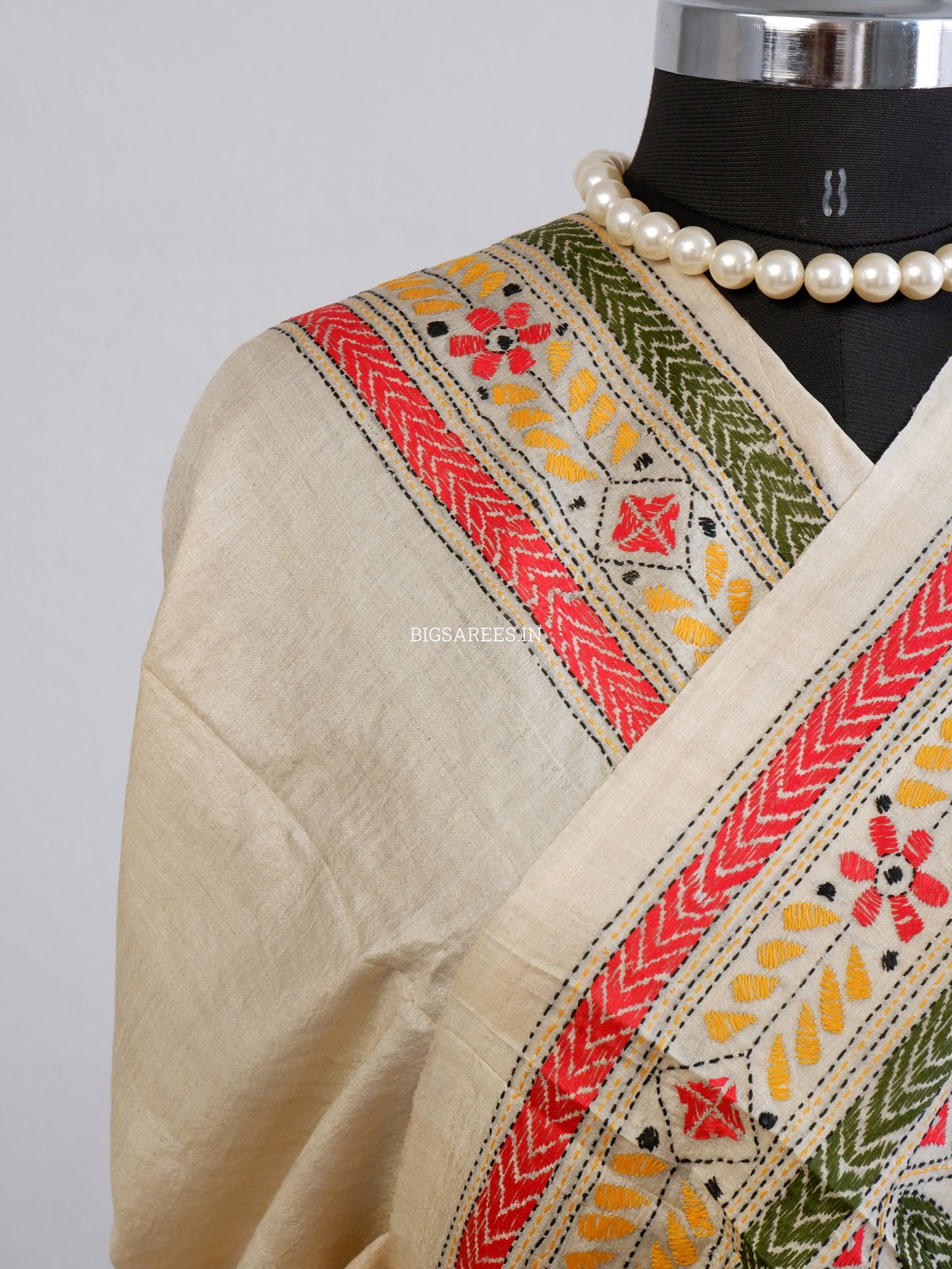 Kantha Stitch Hand Embroidered Saree | Pure Gachi Tussar Silk | Silk Mark Certified | Beige