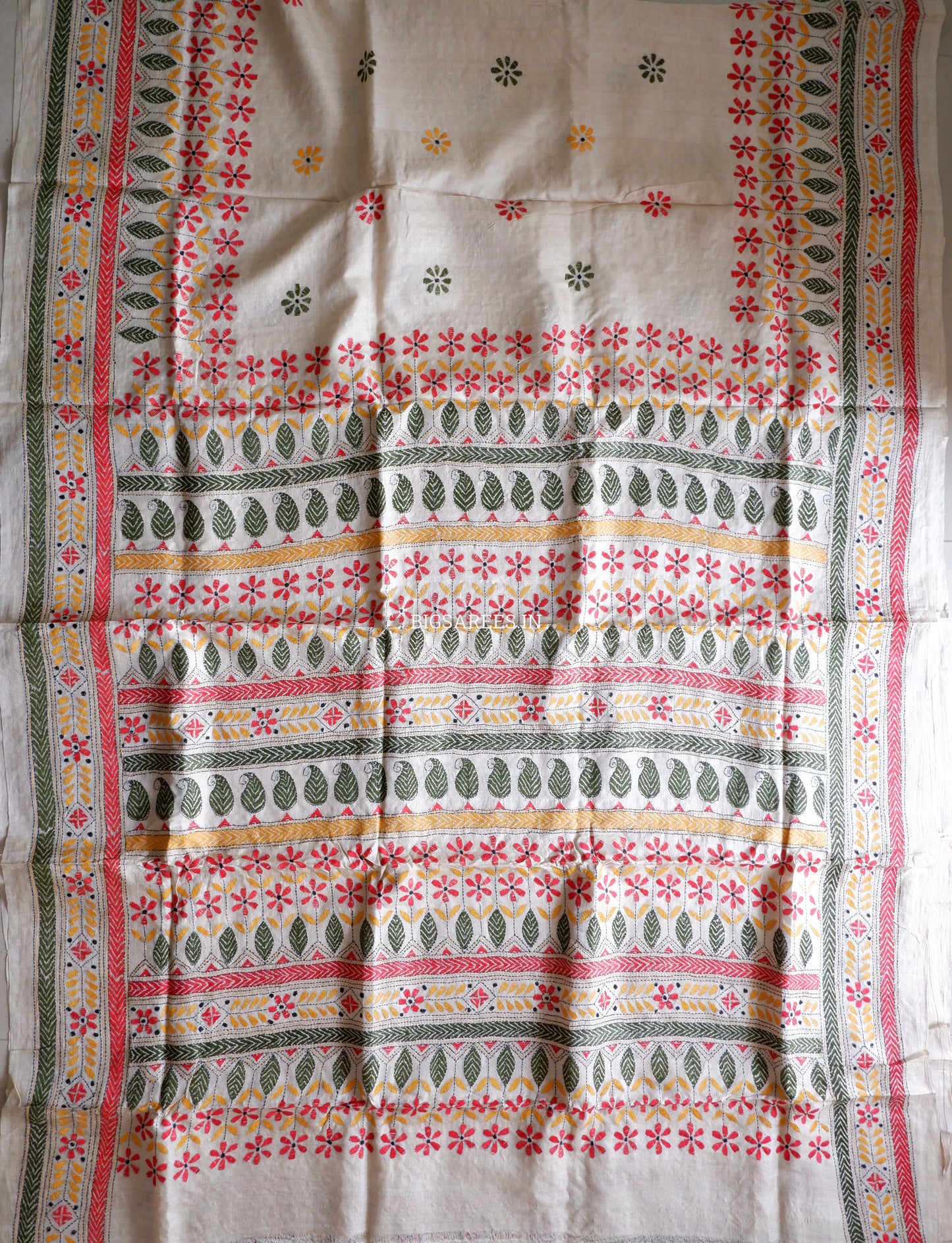 Kantha Stitch Hand Embroidered Saree | Pure Gachi Tussar Silk | Silk Mark Certified | Beige