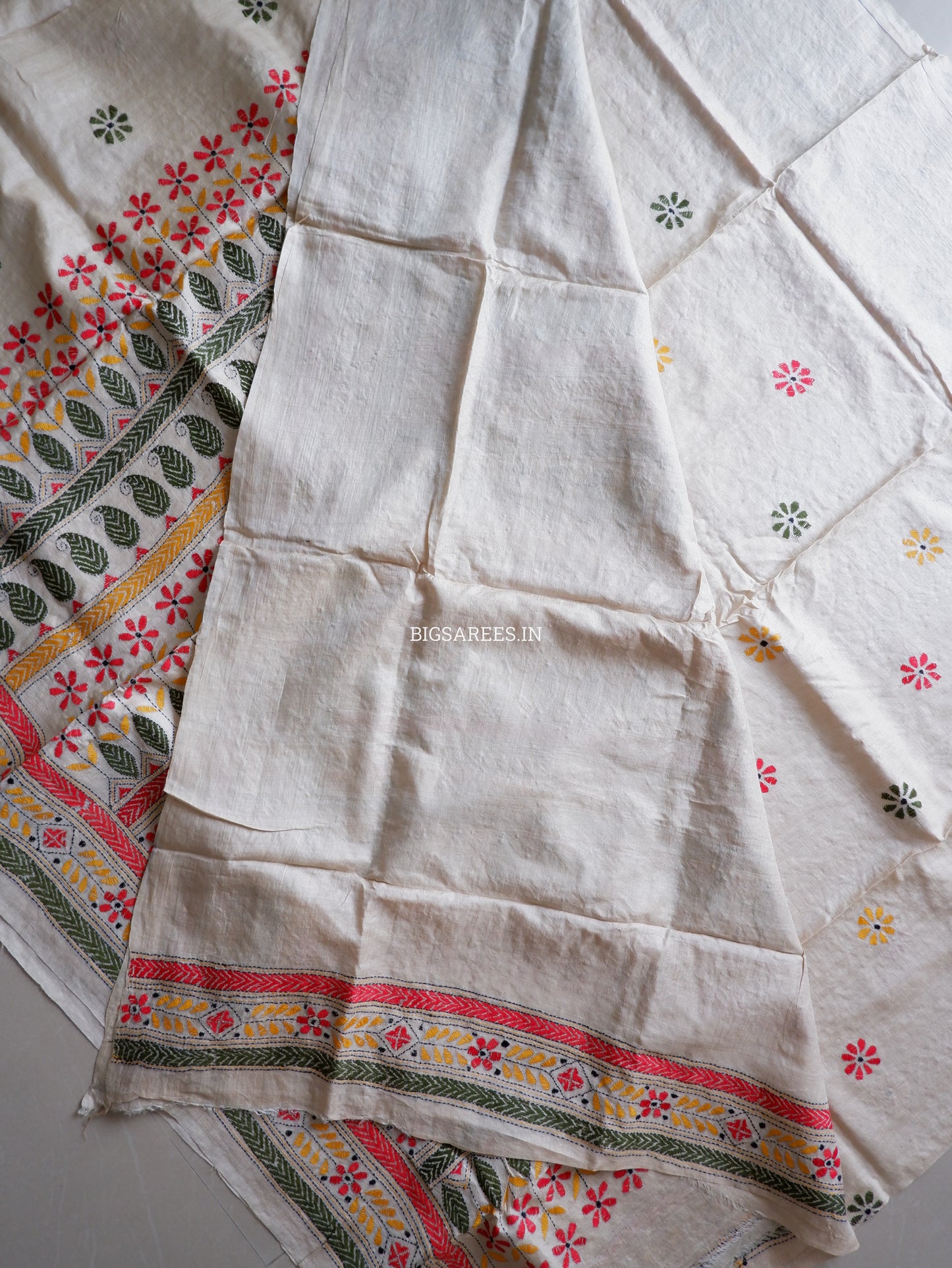 Kantha Stitch Hand Embroidered Saree | Pure Gachi Tussar Silk | Silk Mark Certified | Beige