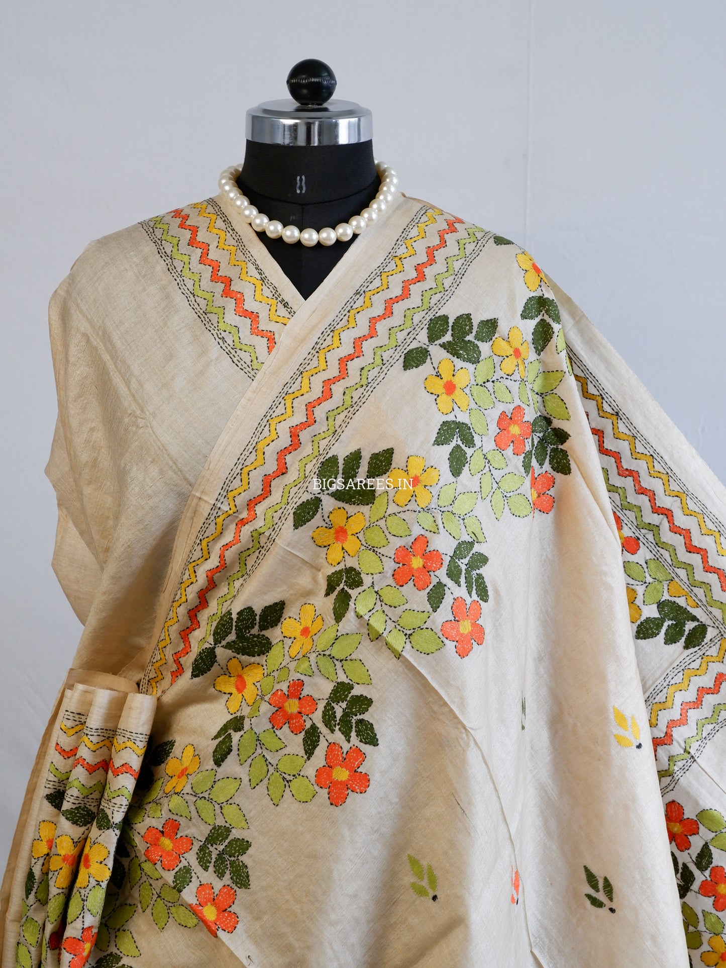 Kantha Stitch Hand Embroidered Saree | Pure Gachi Tussar Silk | Silk Mark Certified | Beige