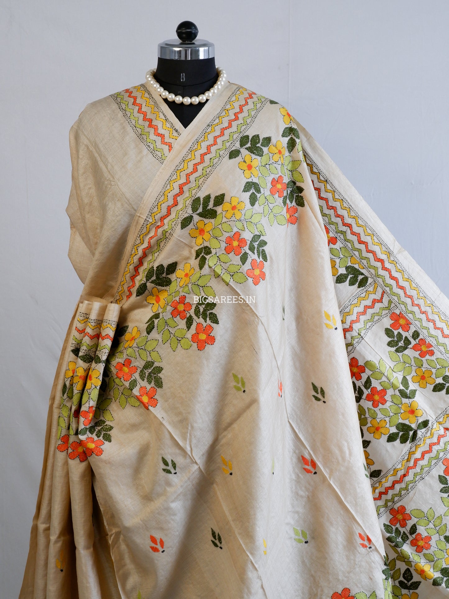 Kantha Stitch Hand Embroidered Saree | Pure Gachi Tussar Silk | Silk Mark Certified | Beige