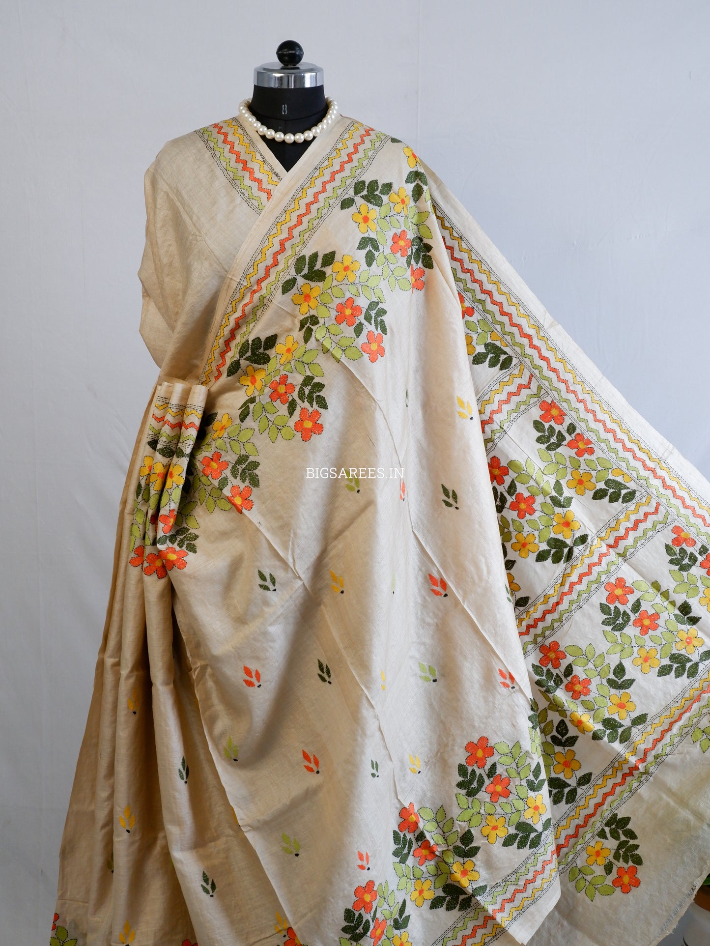 Kantha Stitch Hand Embroidered Saree | Pure Gachi Tussar Silk | Silk Mark Certified | Beige