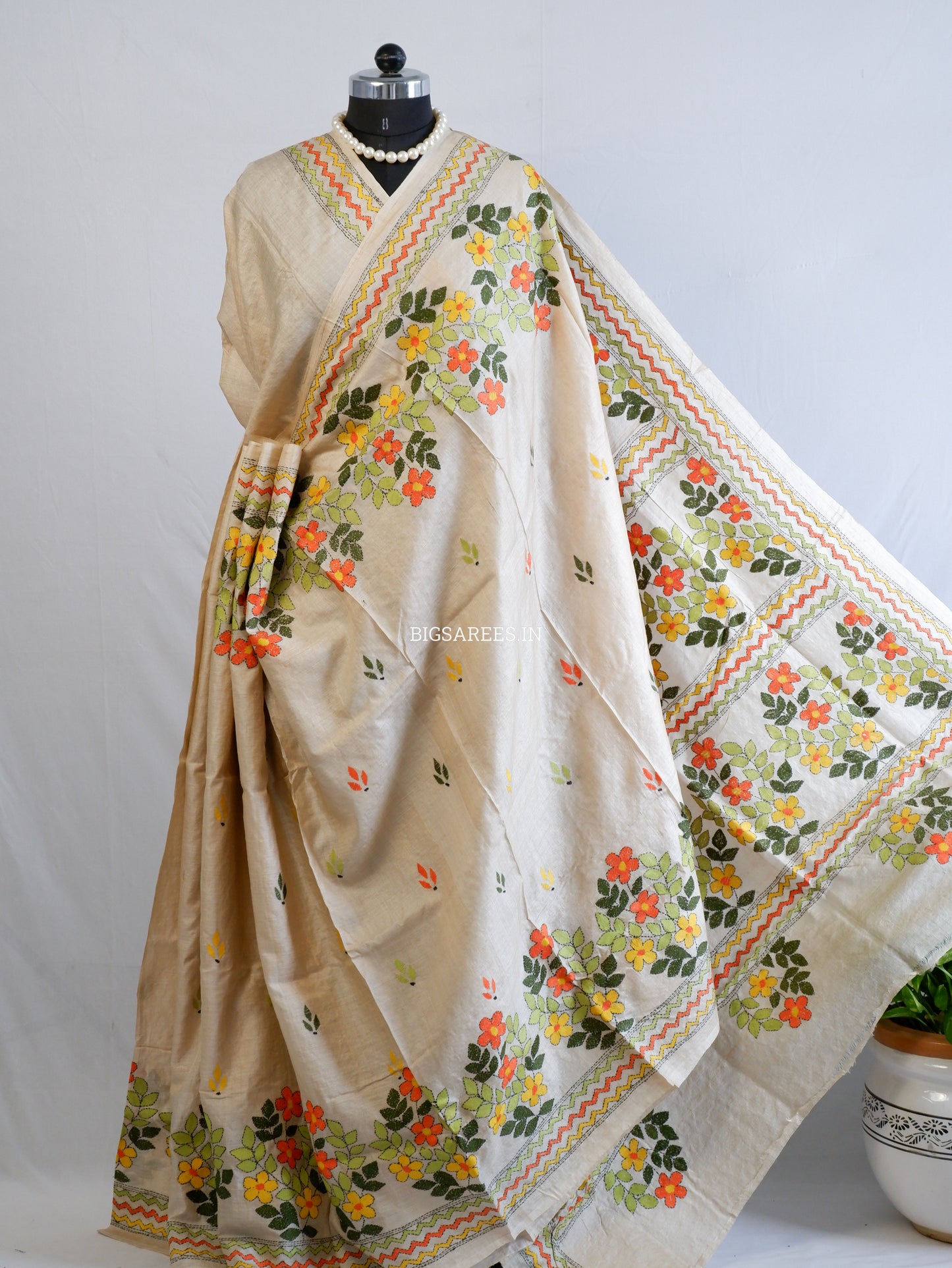 Kantha Stitch Hand Embroidered Saree | Pure Gachi Tussar Silk | Silk Mark Certified | Beige
