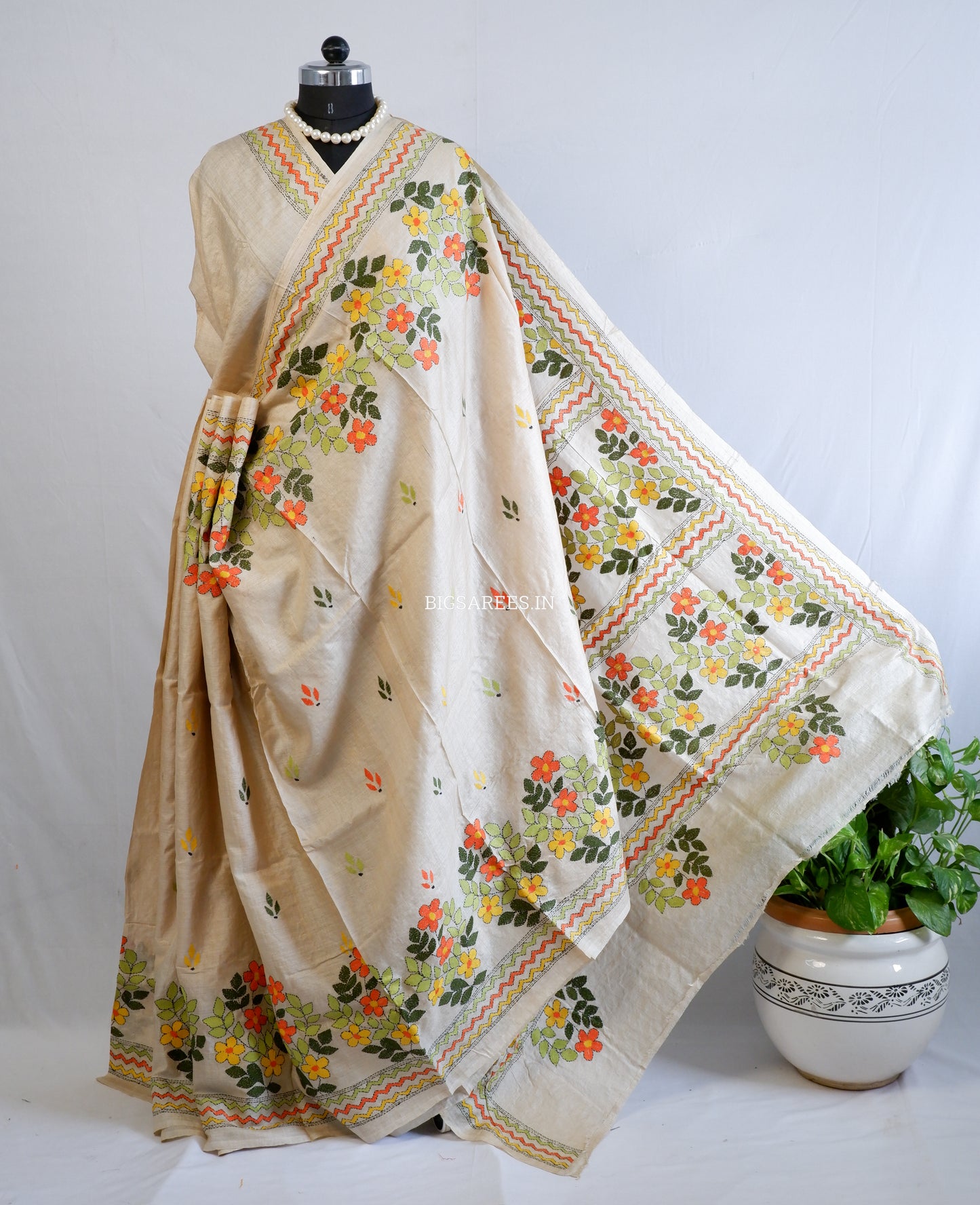 Kantha Stitch Hand Embroidered Saree | Pure Gachi Tussar Silk | Silk Mark Certified | Beige