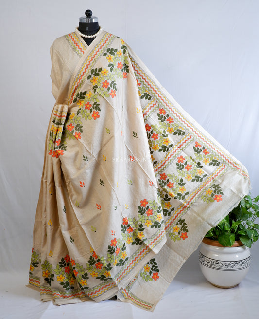 Kantha Stitch Hand Embroidered Saree | Pure Gachi Tussar Silk | Silk Mark Certified | Beige