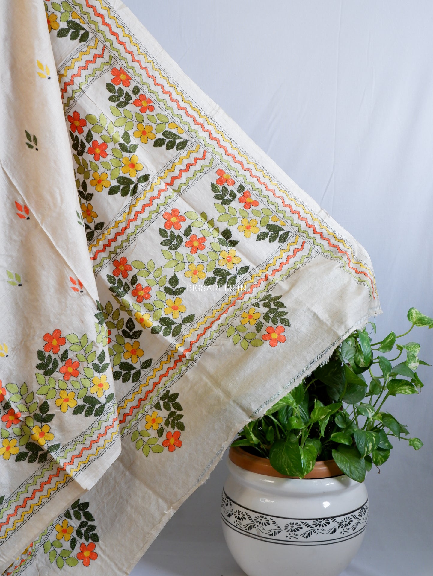 Kantha Stitch Hand Embroidered Saree | Pure Gachi Tussar Silk | Silk Mark Certified | Beige
