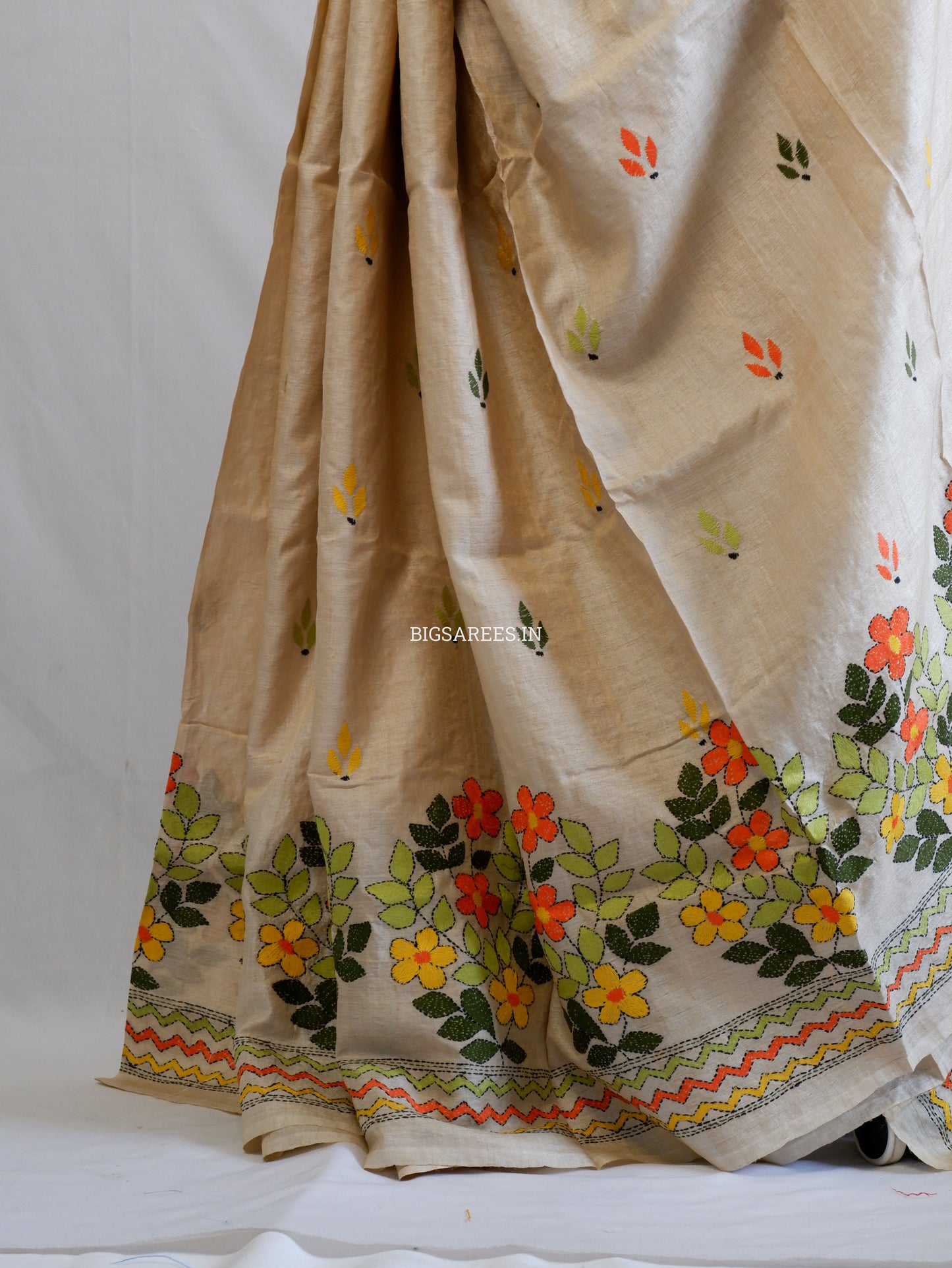 Kantha Stitch Hand Embroidered Saree | Pure Gachi Tussar Silk | Silk Mark Certified | Beige