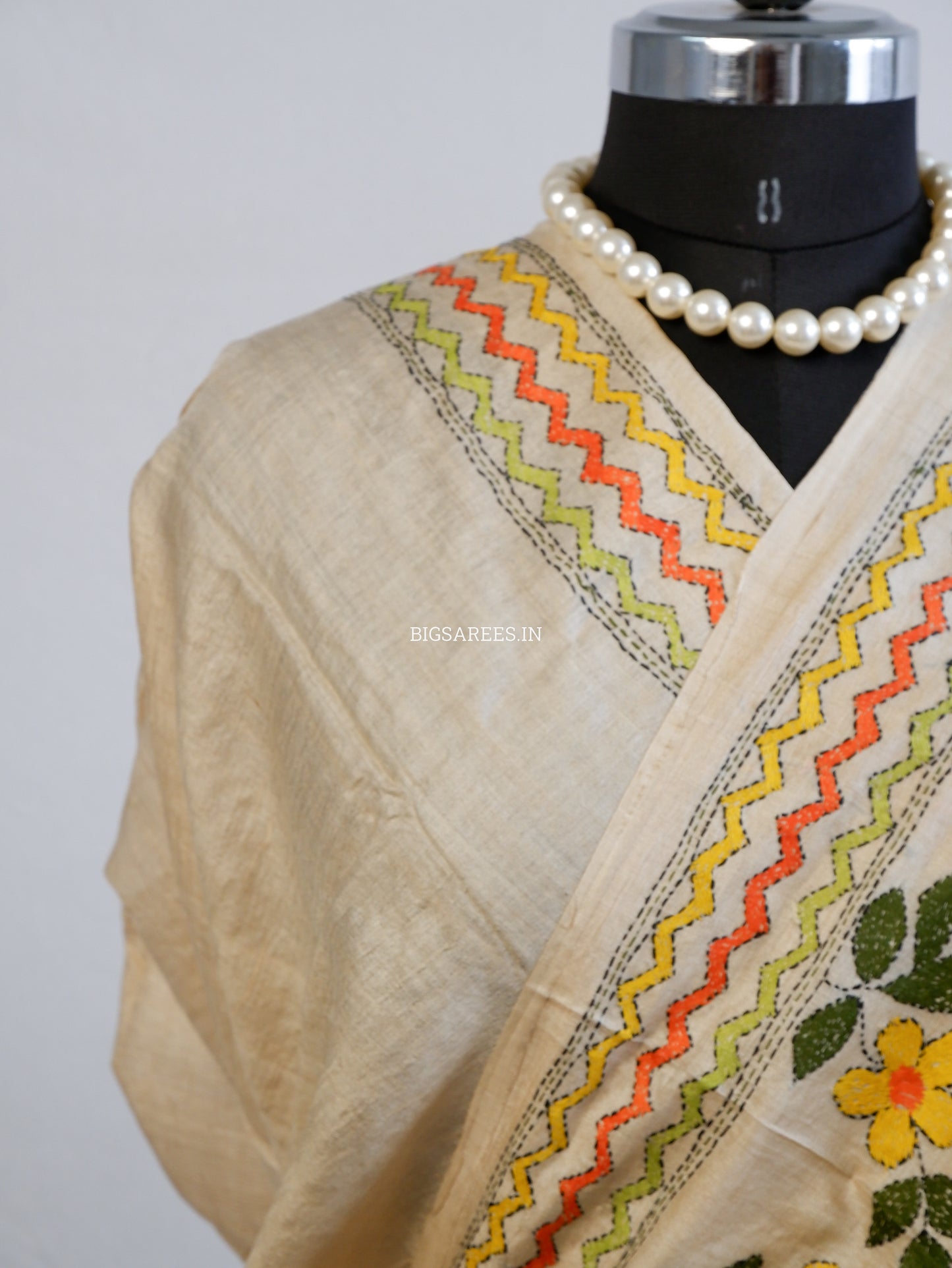 Kantha Stitch Hand Embroidered Saree | Pure Gachi Tussar Silk | Silk Mark Certified | Beige