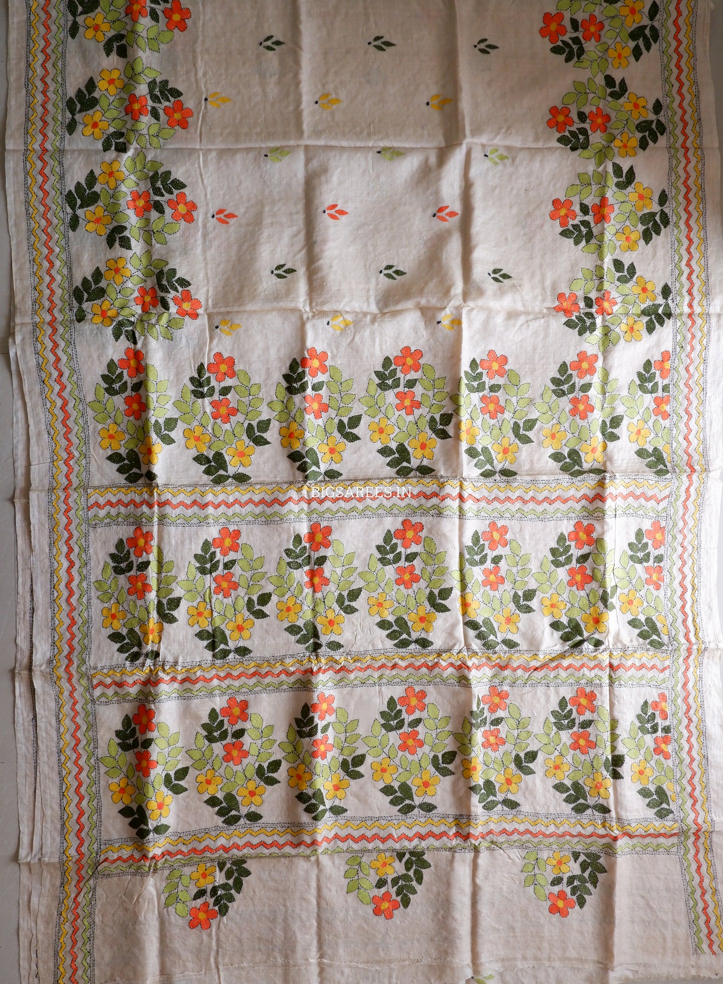 Kantha Stitch Hand Embroidered Saree | Pure Gachi Tussar Silk | Silk Mark Certified | Beige