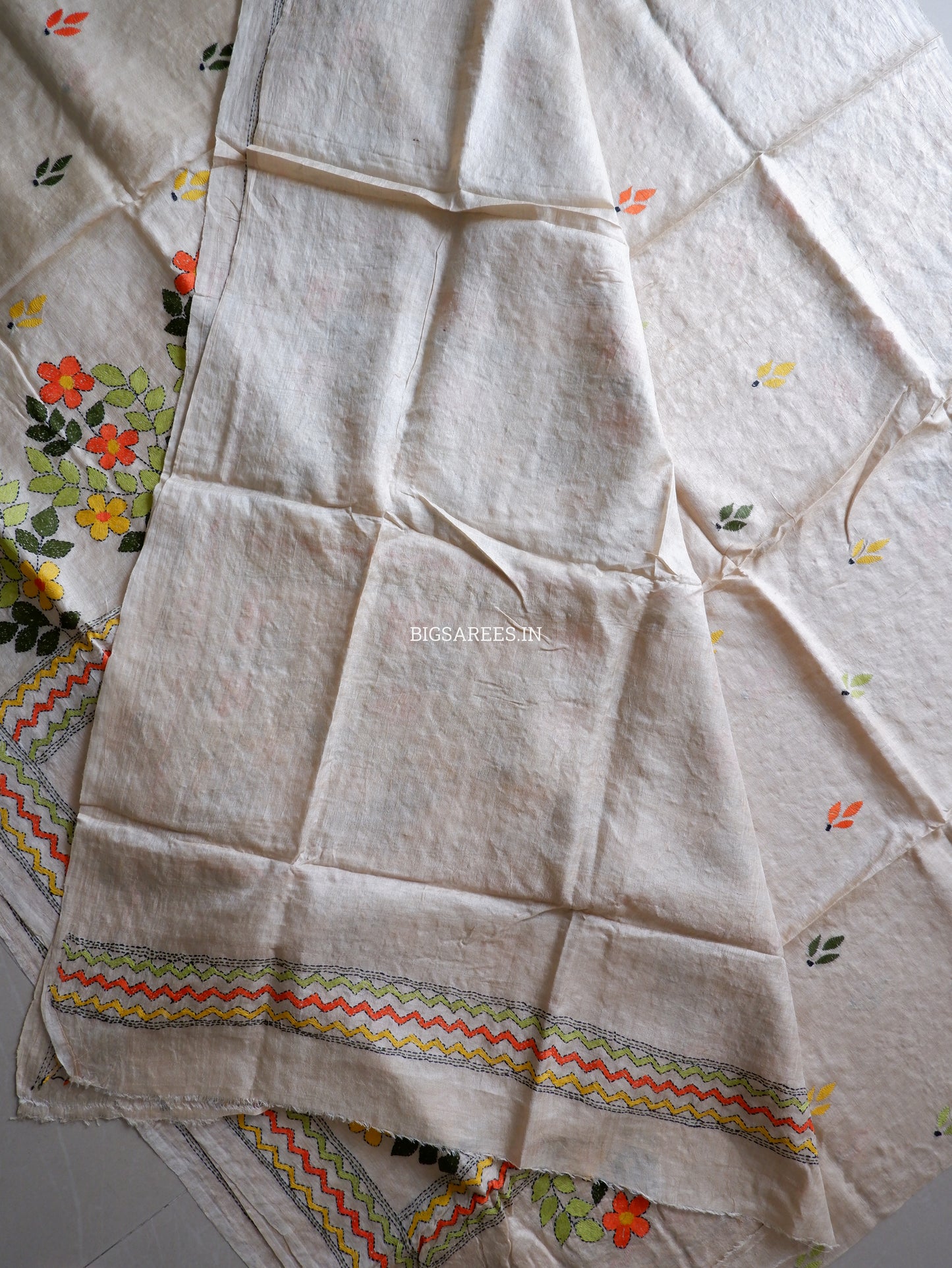 Kantha Stitch Hand Embroidered Saree | Pure Gachi Tussar Silk | Silk Mark Certified | Beige
