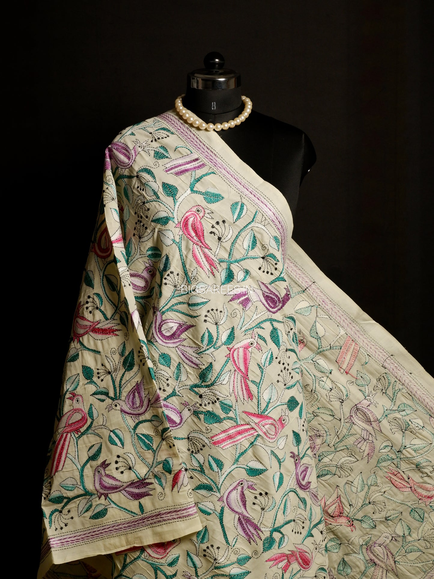 Kantha Hand-Embroidered Dupatta | Semi Tussar Silk | Full Work | Off-White