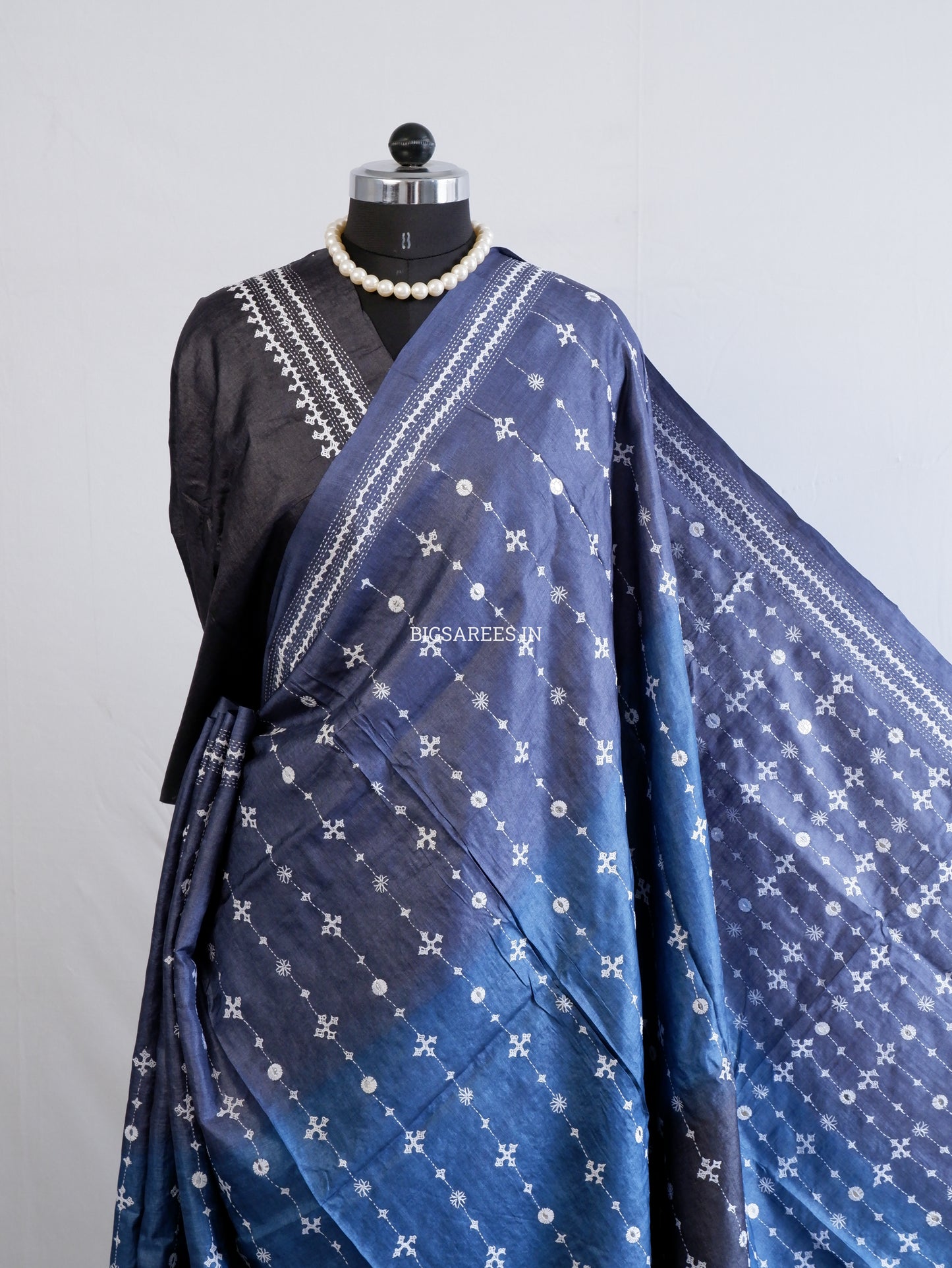 Kutchi Hand Embroidered Saree | Pure Tassar Silk | Silk Marked | Blue