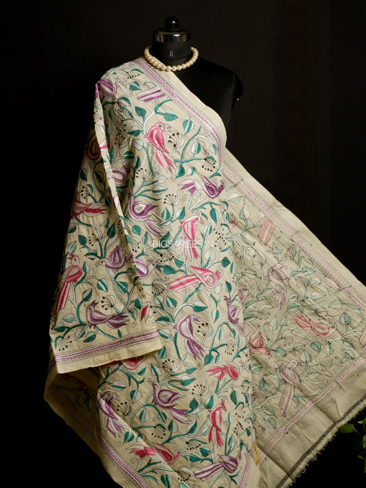 Kantha Hand-Embroidered Dupatta | Semi Tussar Silk | Full Work | Off-White