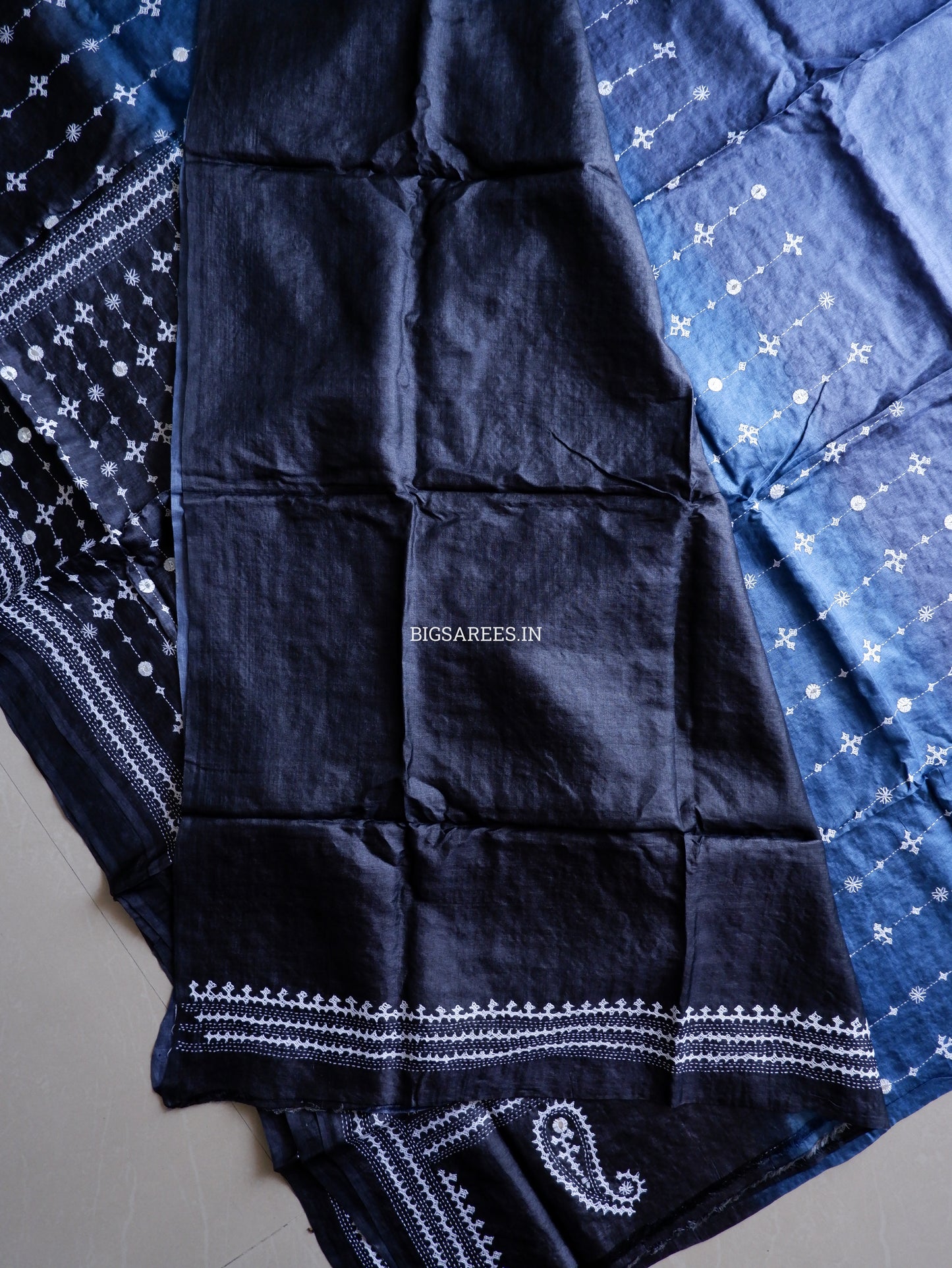Kutchi Hand Embroidered Saree | Pure Tassar Silk | Silk Marked | Blue