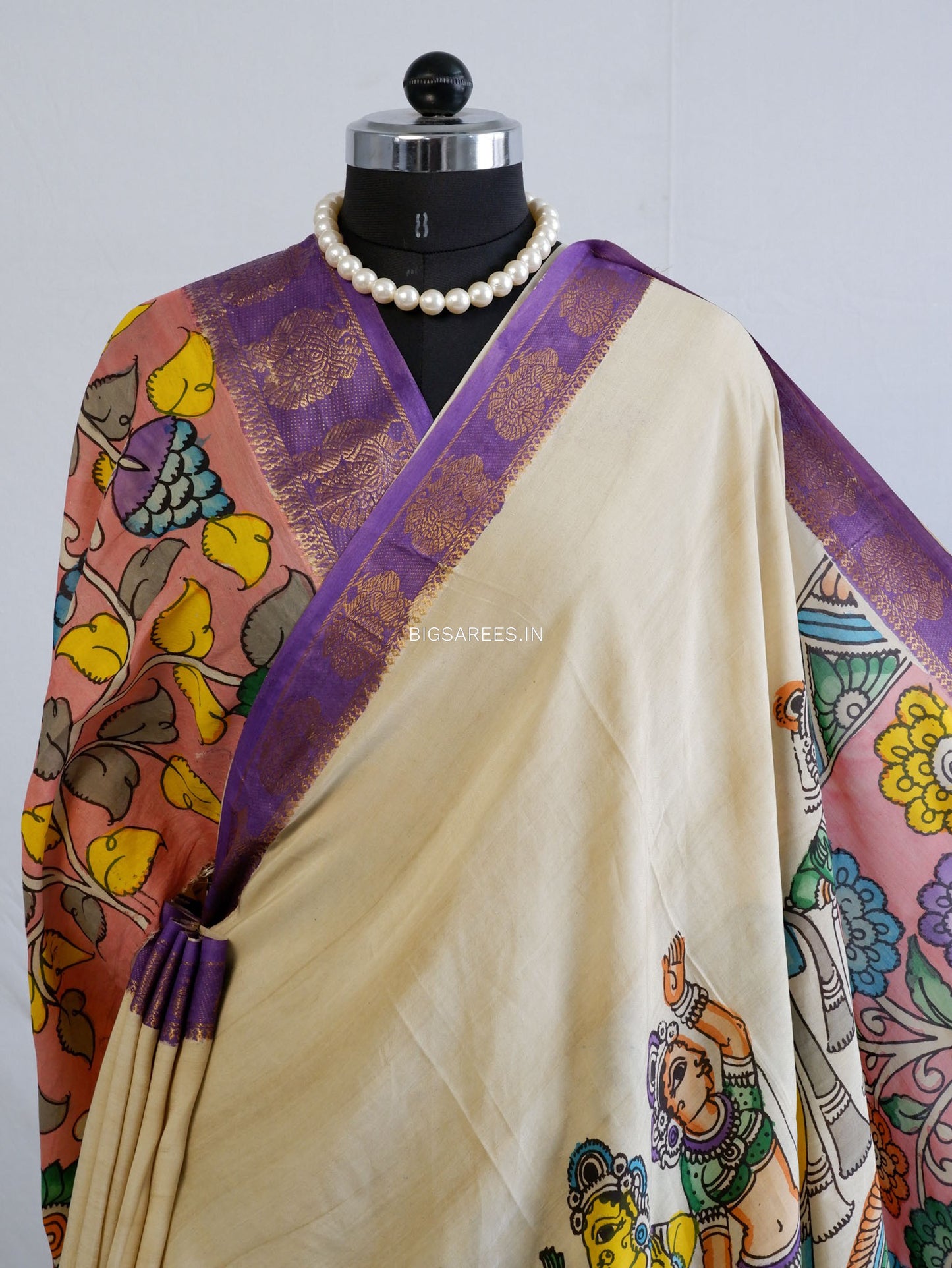 Hand-Painted Kalamkari Saree | Bangalore Silk | Beige