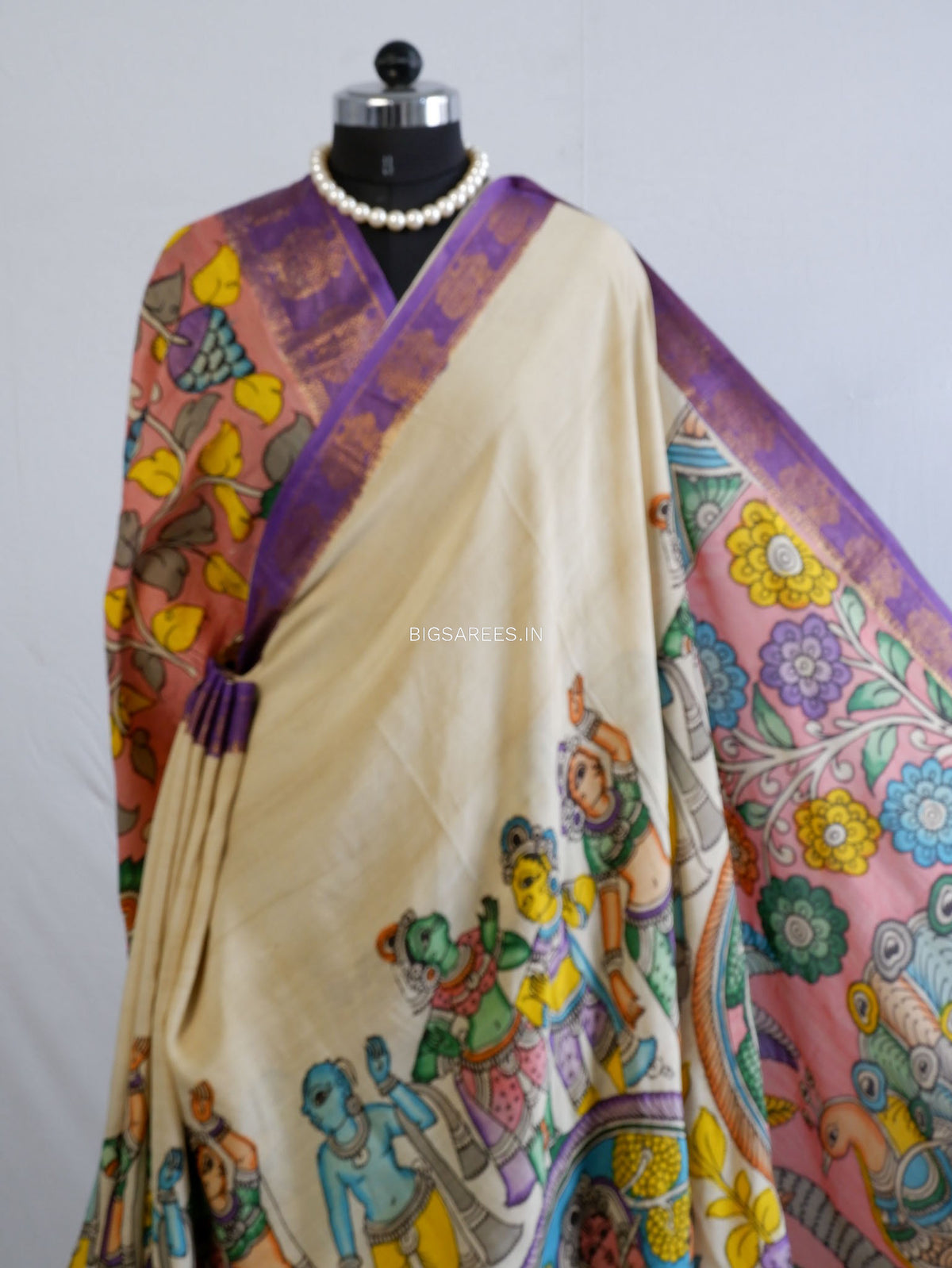 Hand-Painted Kalamkari Saree | Bangalore Silk | Beige
