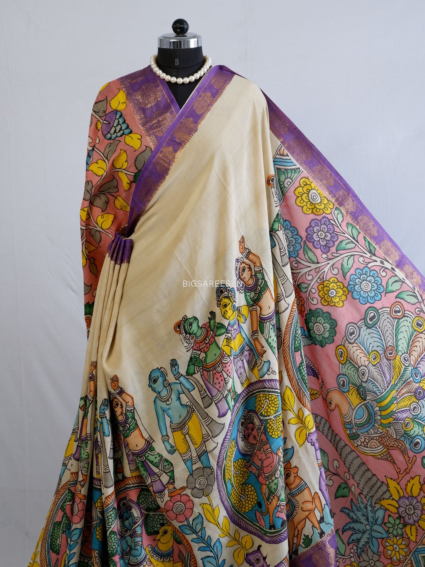 Hand-Painted Kalamkari Saree | Bangalore Silk | Beige