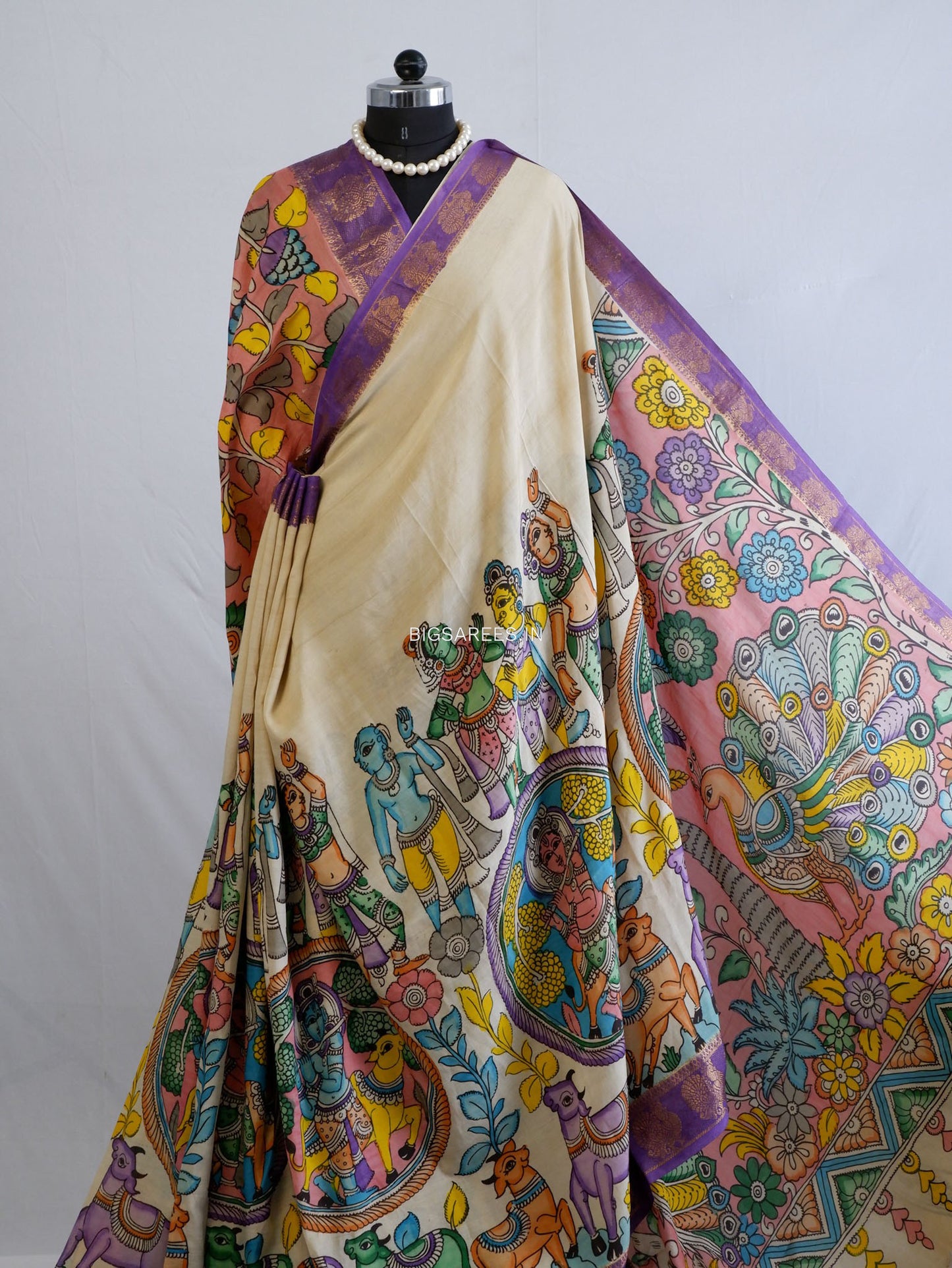 Hand-Painted Kalamkari Saree | Bangalore Silk | Beige