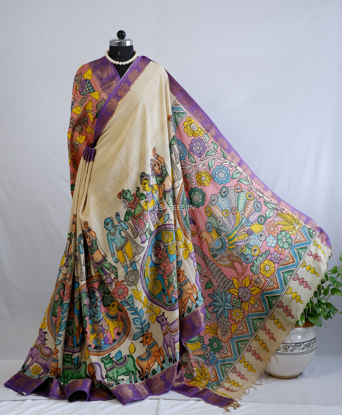 Hand-Painted Kalamkari Saree | Bangalore Silk | Beige