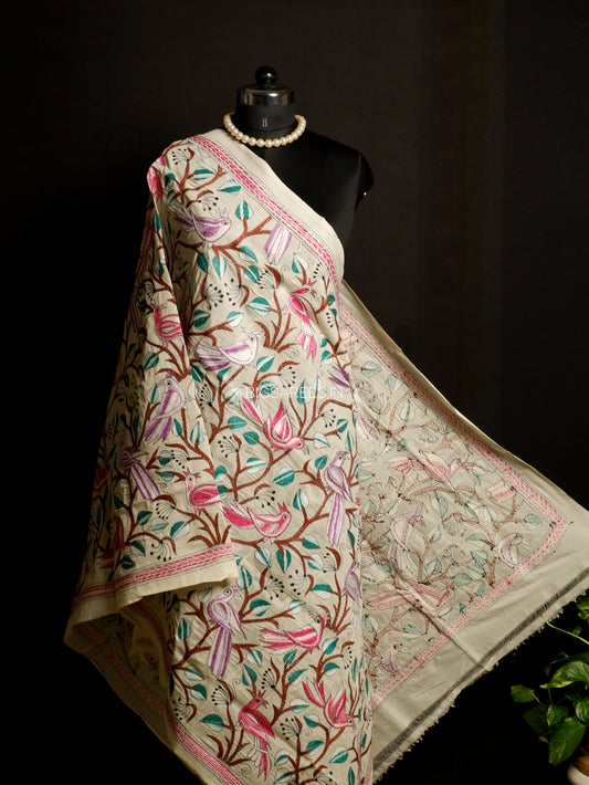 Kantha Hand-Embroidered Dupatta | Semi Tussar Silk | Full Work | Off-White