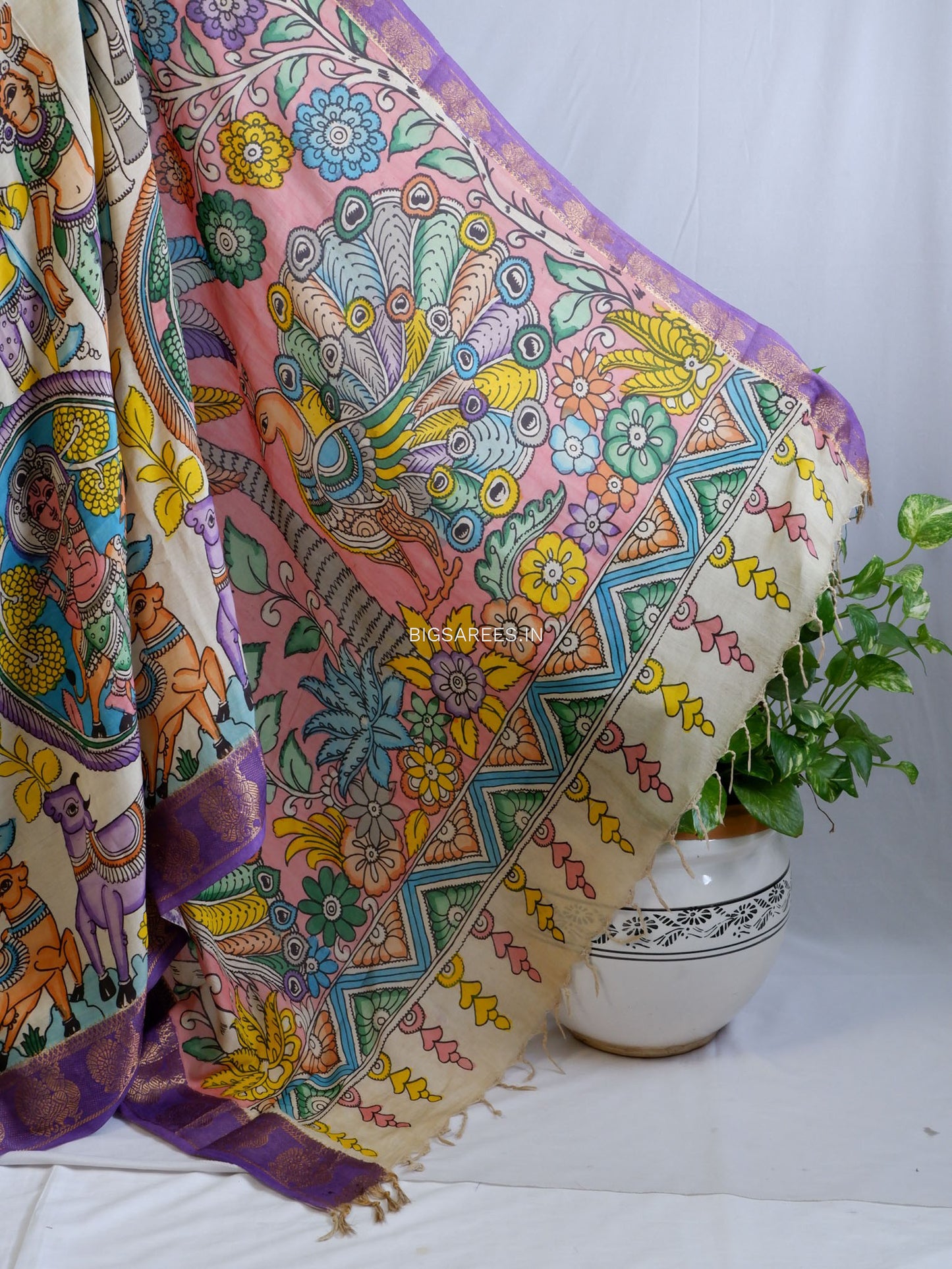Hand-Painted Kalamkari Saree | Bangalore Silk | Beige