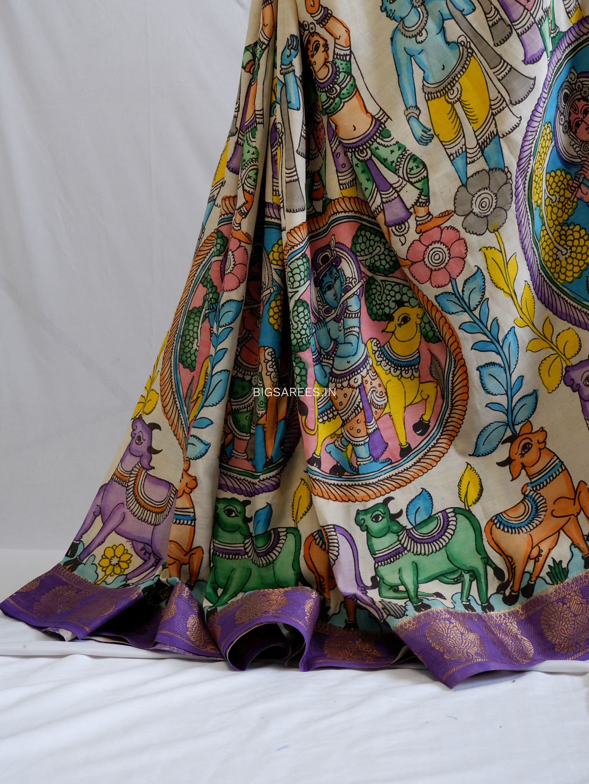 Hand-Painted Kalamkari Saree | Bangalore Silk | Beige